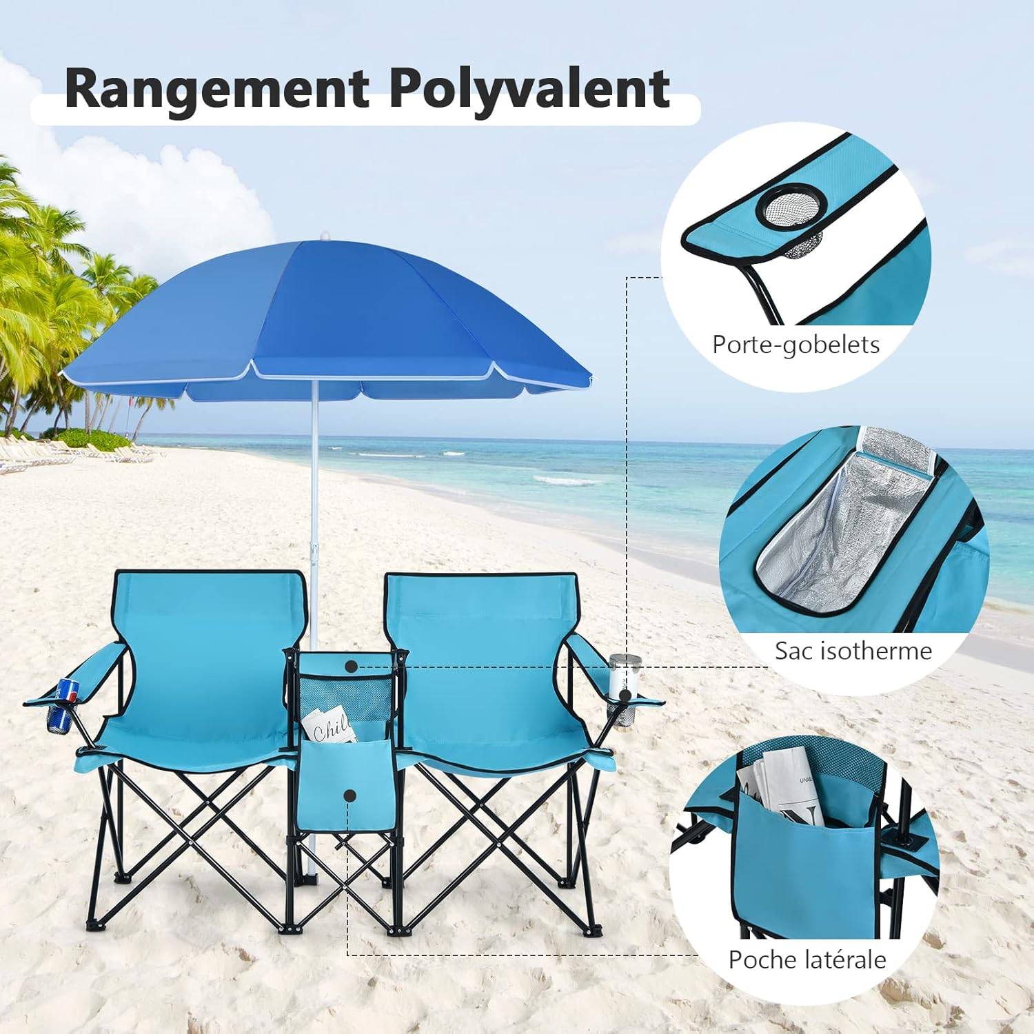Chaise de camping pliante avec parasol pour 2 personnes, chaise pliante pour couples, chaise de pêche double, pliable avec porte-gobelet, sac isotherme, bleu 92cm