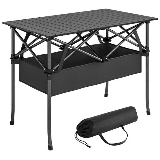 Table de camping pliante 93 x 55 x 68 cm avec filet de rangement, plateau en aluminium enroulable, sac de transport, noire - Image 1