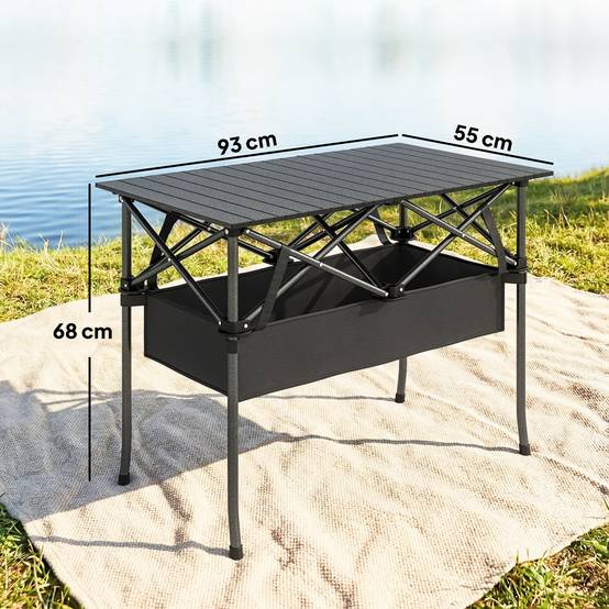 Table de camping pliante 93 x 55 x 68 cm avec filet de rangement, plateau en aluminium enroulable, sac de transport, noire - Image 5