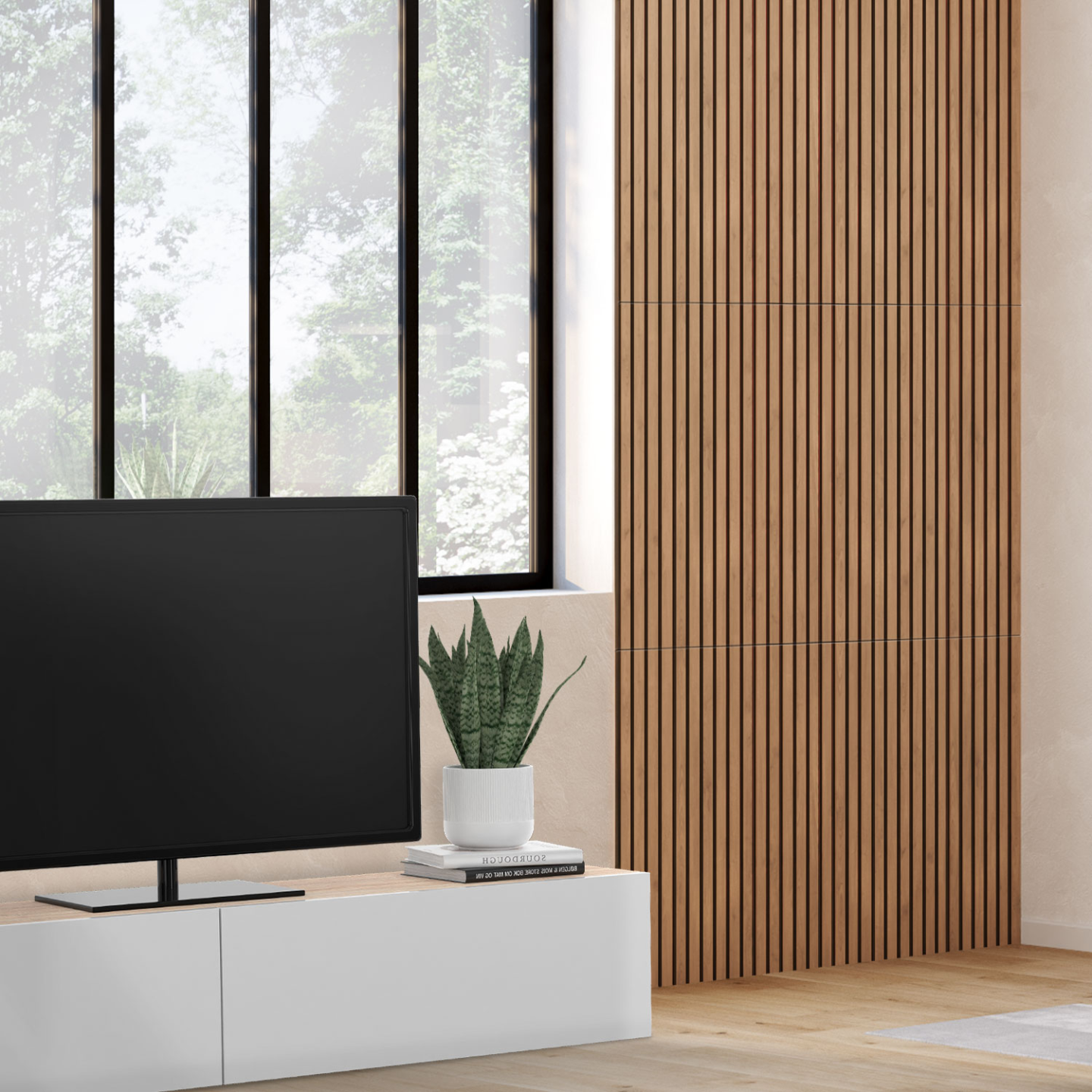 IDMARKET - Panneaux acoustiques en tasseaux de bois 240 x 60 cm effet chêne clair et noir - Image 1