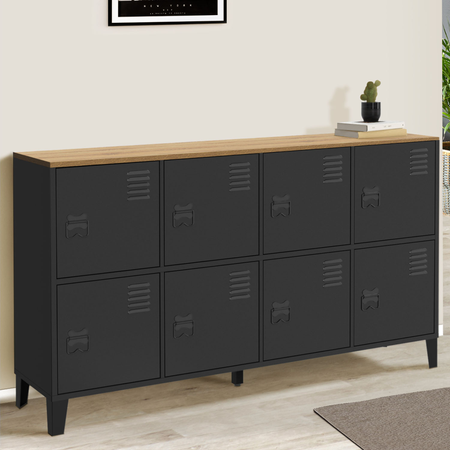 Buffet casier 139 cm ESTER 8 portes en métal noir plateau bois design industriel - Image 1