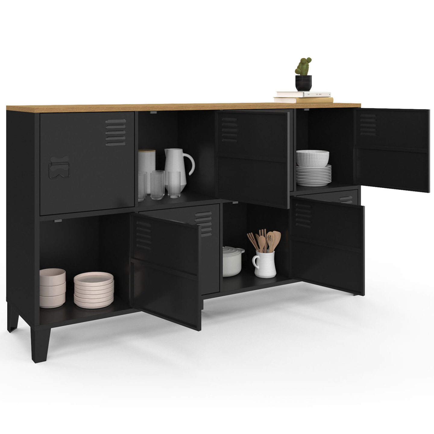 Buffet casier 139 cm ESTER 8 portes en métal noir plateau bois design industriel - Image 4