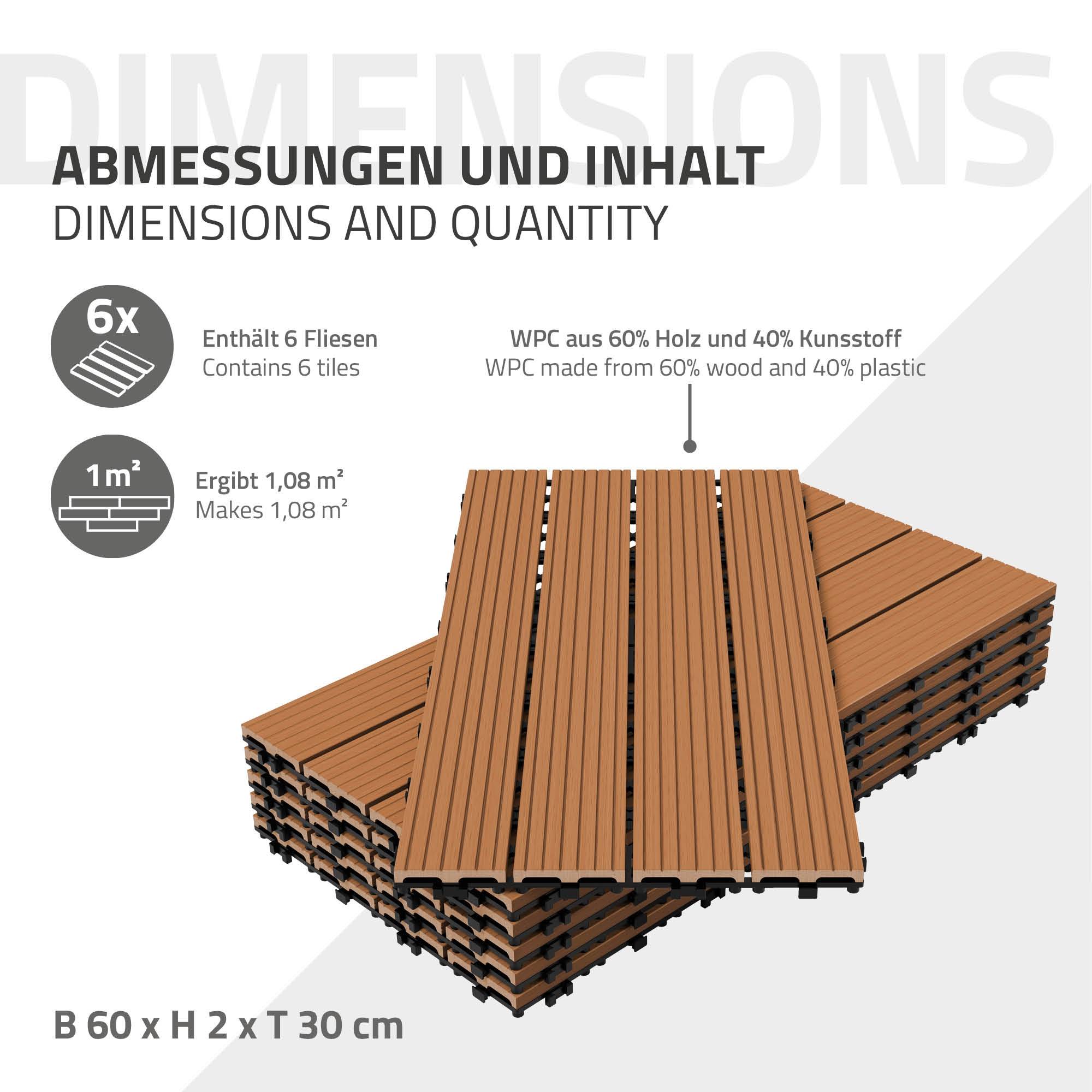 Ecd-Germany - Carreaux WPC de sol 60x30cm 3m² aspect de bois marron clair - Imagen 6