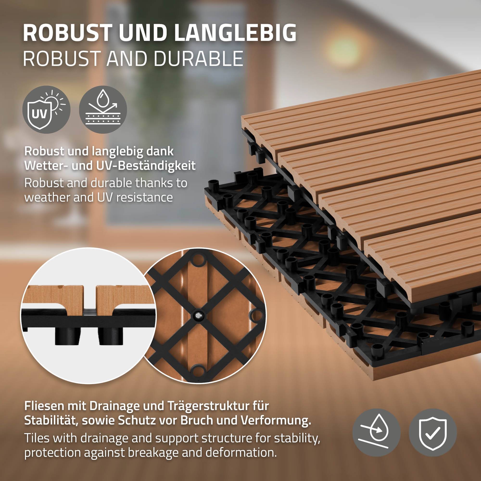 Ecd-Germany - Carreaux WPC de sol 60x30cm 3m² aspect de bois marron clair - Imagen 3
