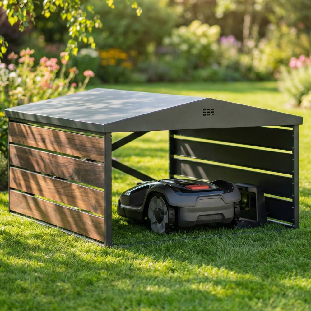 Abri pour robot tondeuse en acier galvanisé noir et bois, Garage design avec toit double pente, universel CASABEL