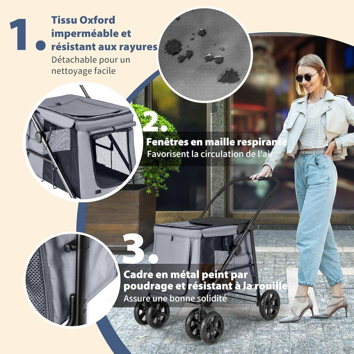 Costway - Poussette pour Chien Pliante, Poussette Buggy pour Chien Chat, Charge 40KG (Gris) - Image 3