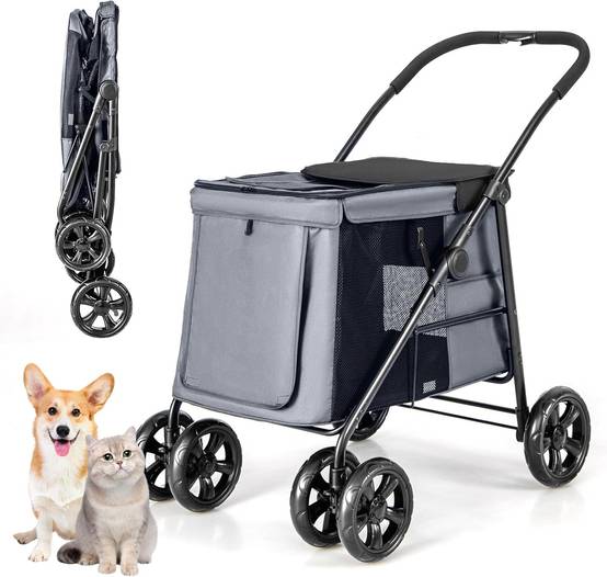 Costway - Poussette pour Chien Pliante, Poussette Buggy pour Chien Chat, Charge 40KG (Gris) - Image 1