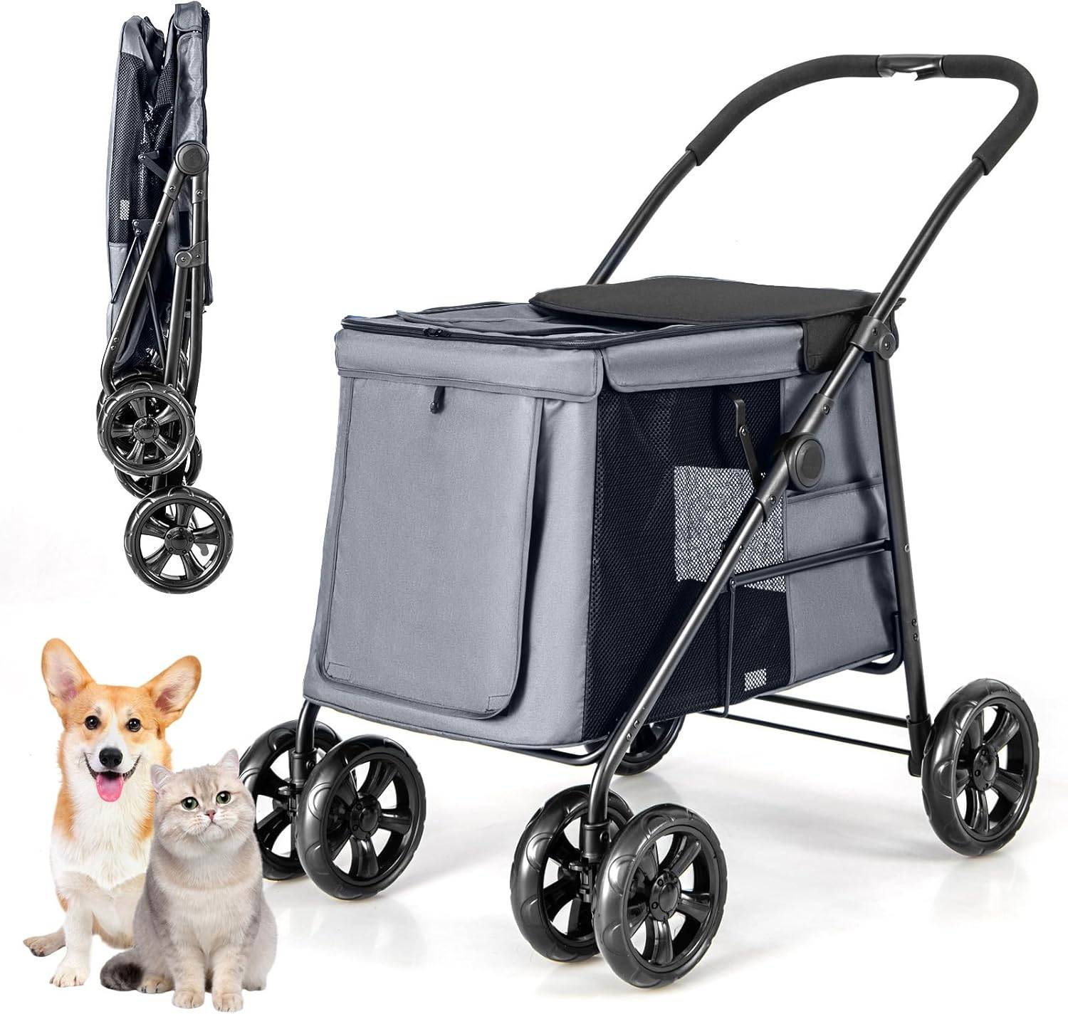 Costway - Poussette pour Chien Pliante, Poussette Buggy pour Chien Chat, Charge 40KG (Gris) - Image 1