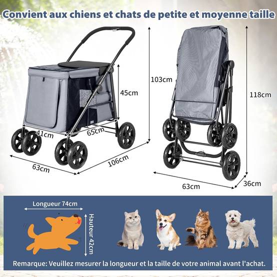 Costway - Poussette pour Chien Pliante, Poussette Buggy pour Chien Chat, Charge 40KG (Gris) - Image 4
