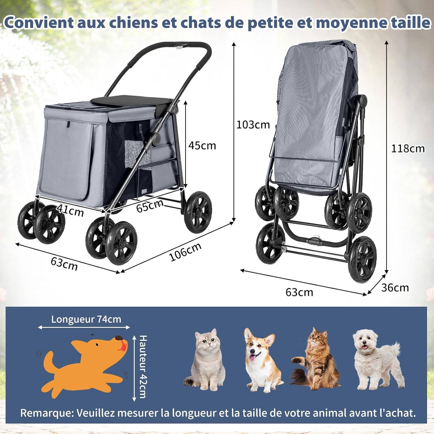 Costway - Poussette pour Chien Pliante, Poussette Buggy pour Chien Chat, Charge 40KG (Gris) - Image 4