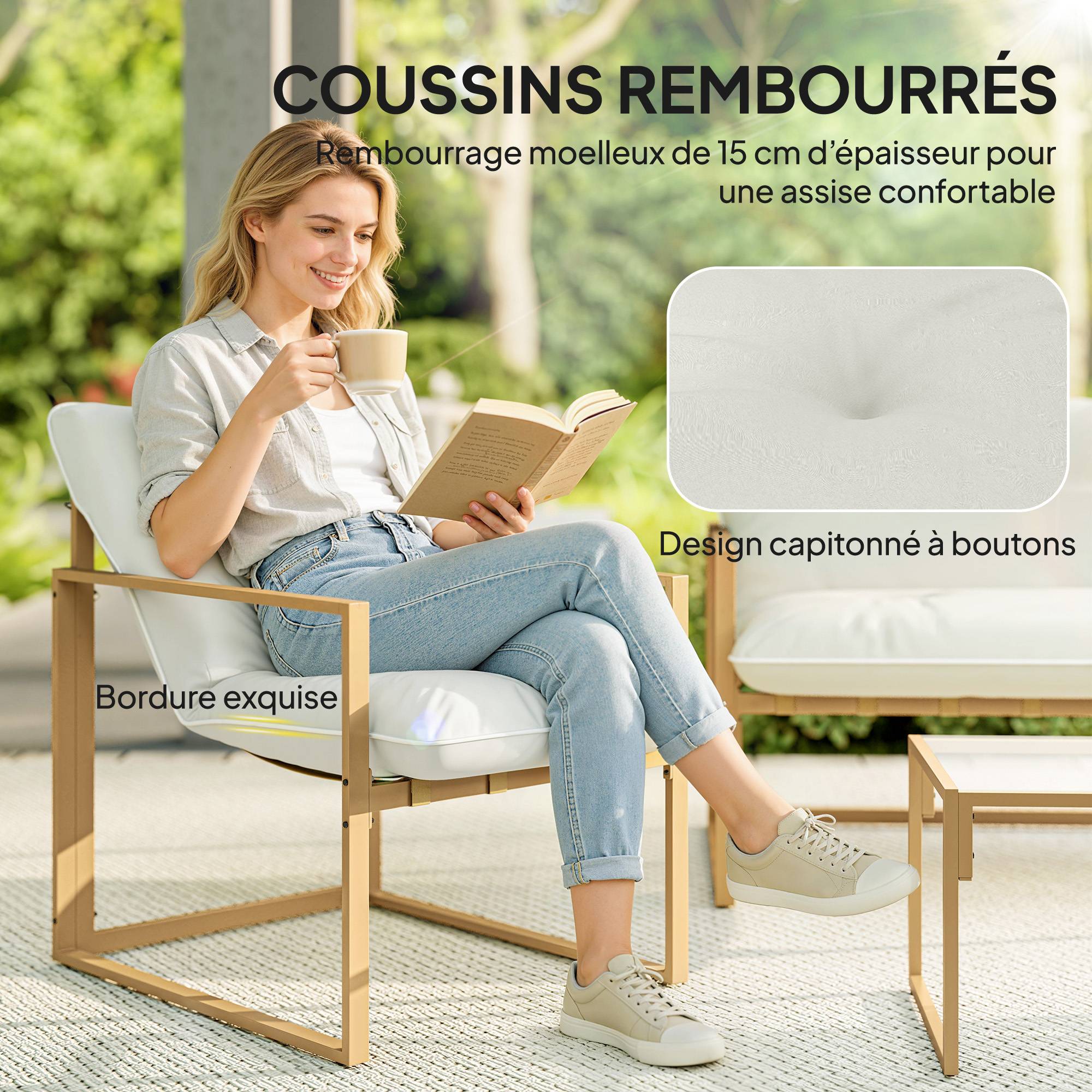 Outsunny - Salon de jardin 4 personnes - 4 pièces, 3 coussins - acier époxy kaki polyester blanc - Outsunny - Image 7