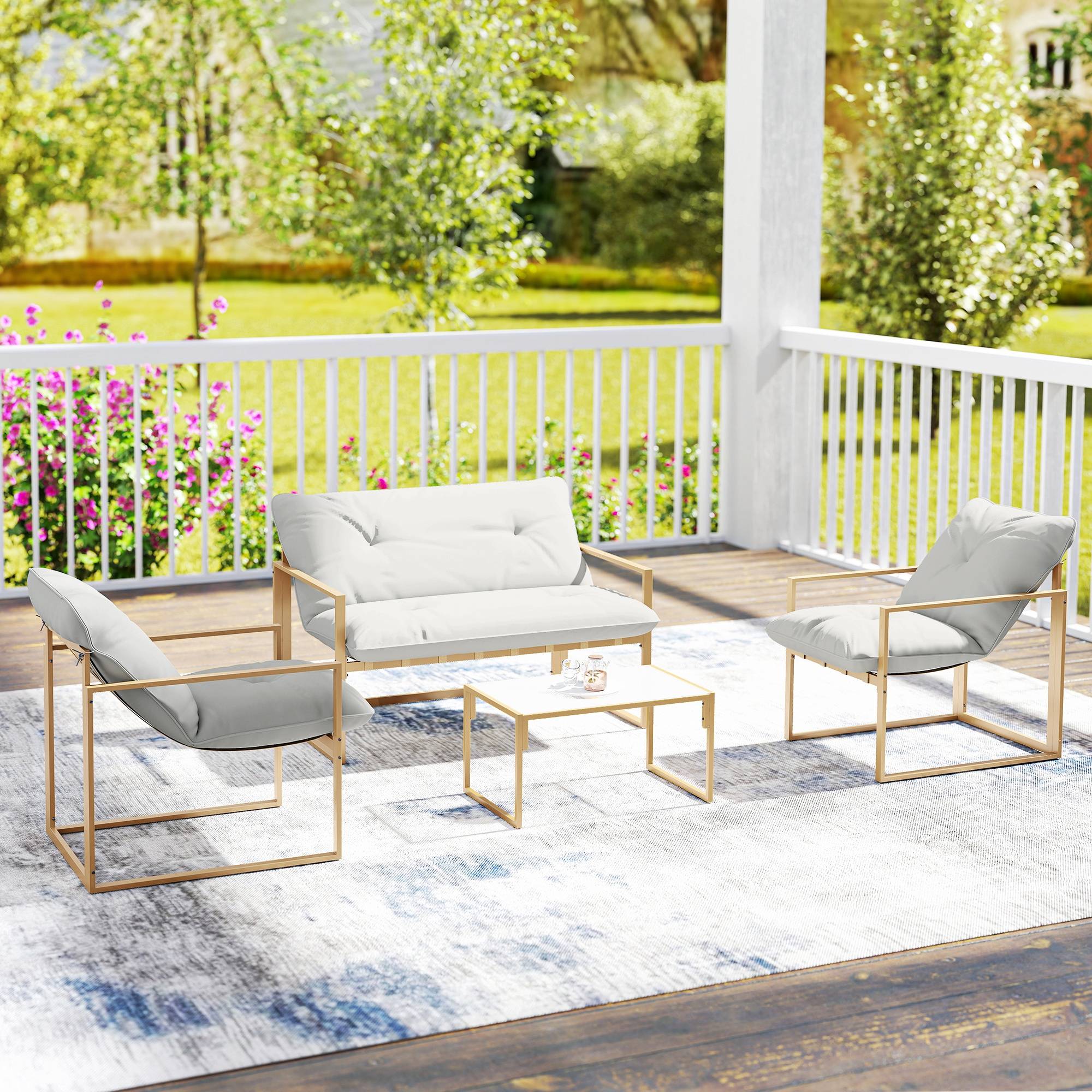 Outsunny - Salon de jardin 4 personnes - 4 pièces, 3 coussins - acier époxy kaki polyester blanc - Outsunny - Image 4