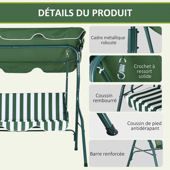 Balancelle jardin 3 places métal terrasse toit réglable imperméable 170x110x153cm vert - ComfortXL Outdoor Living - Image 7