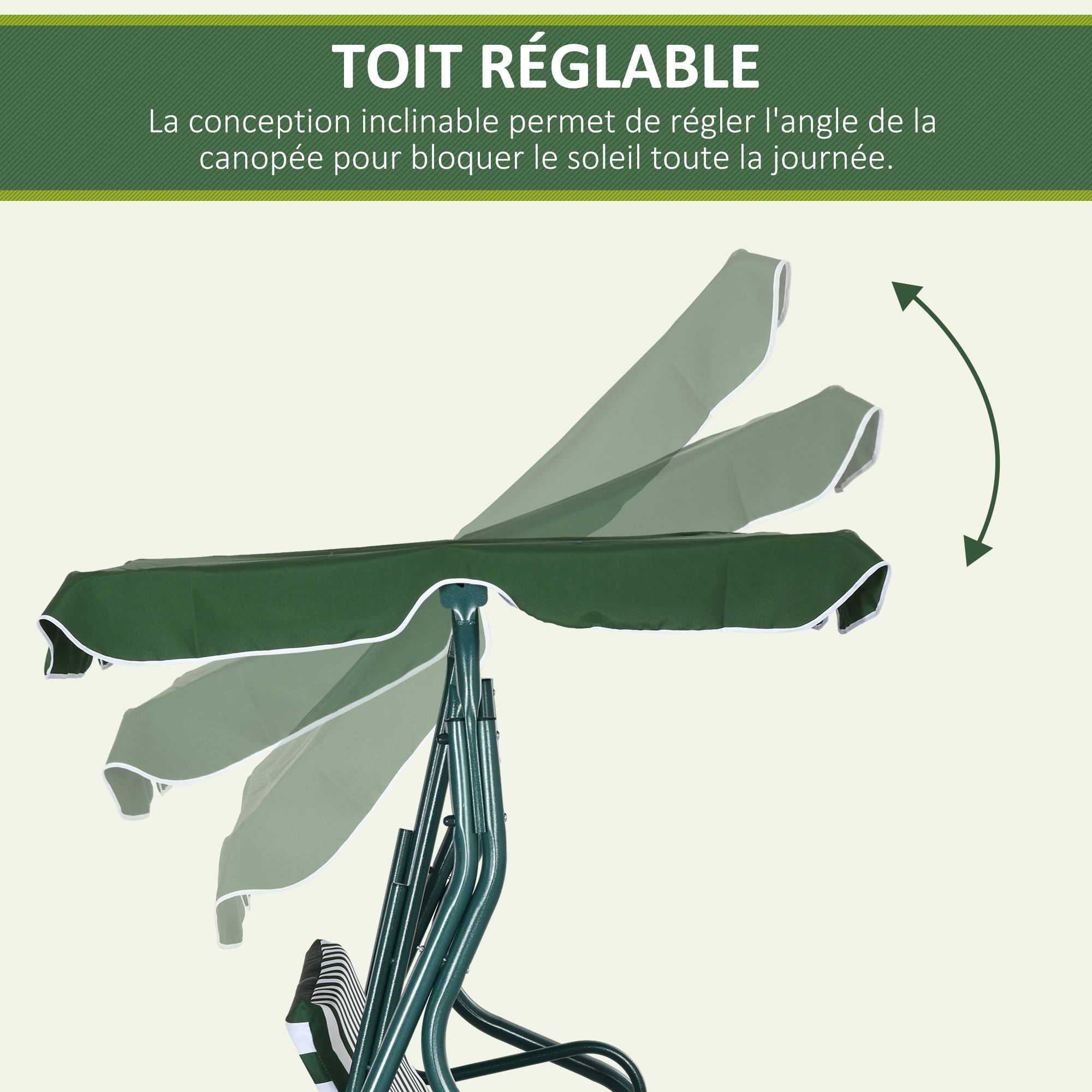 Balancelle jardin 3 places métal terrasse toit réglable imperméable 170x110x153cm vert - ComfortXL Outdoor Living - Image 6