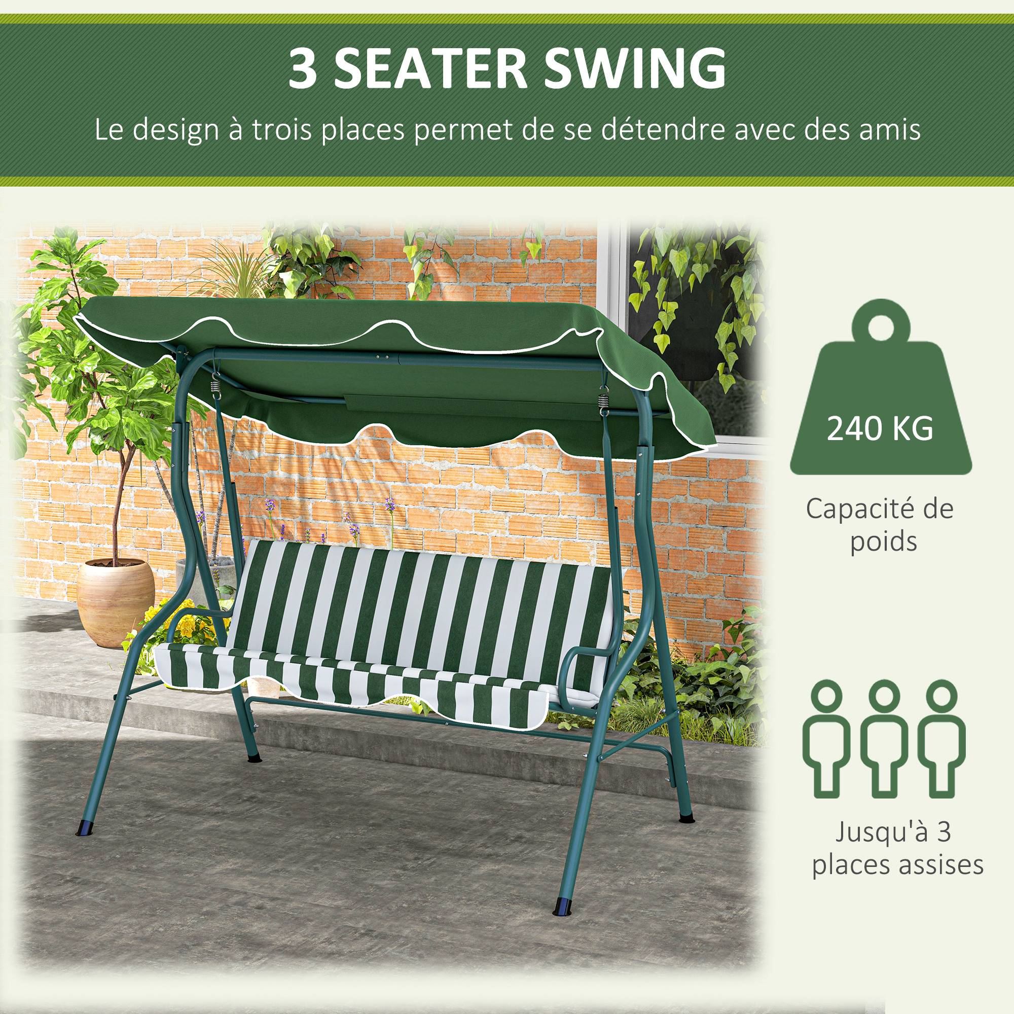 Balancelle jardin 3 places métal terrasse toit réglable imperméable 170x110x153cm vert - ComfortXL Outdoor Living - Image 8