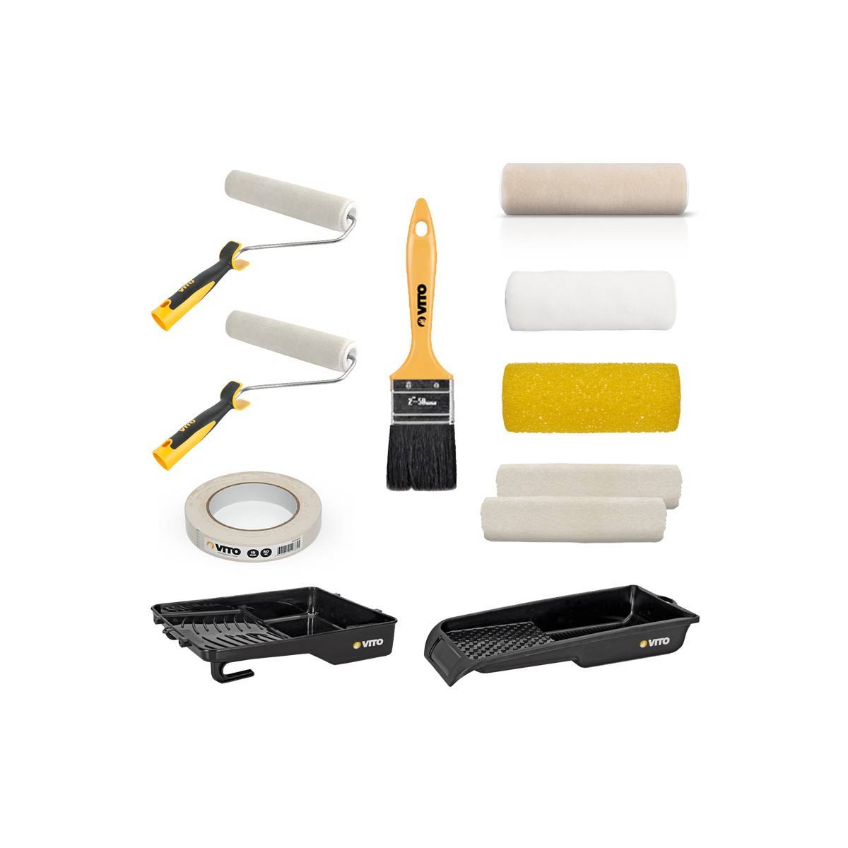 Kit 10 Outils Peinture 2 bacs peinture 2 rouleaux + 5 recharges + pinceau plat + ruban de masquage VITO - Imagen 1