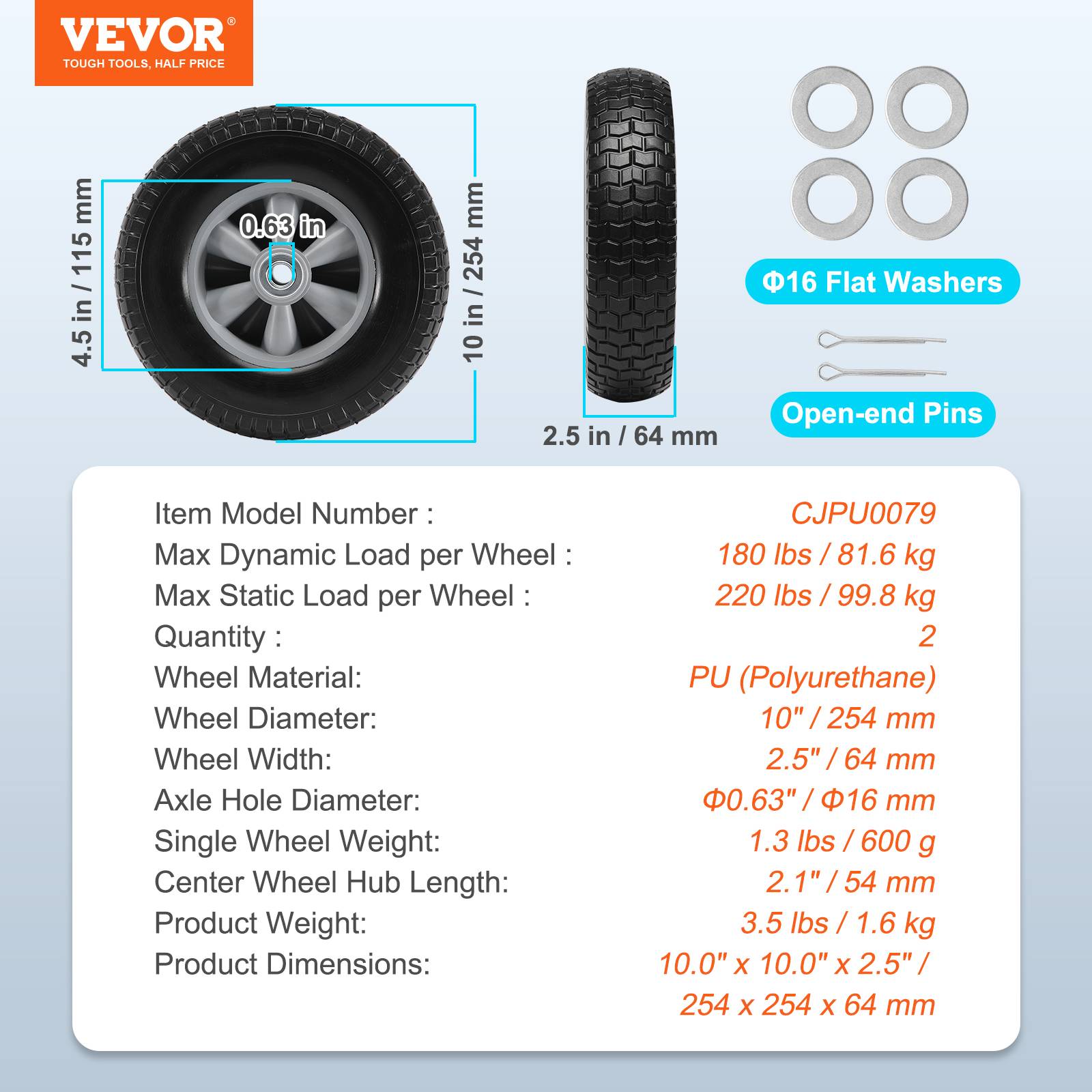 VEVOR Roue pleine PU 254 mm, lot 2. Charge dynamique 81,6 kg, statique 99,8 kg. Pour diable, chariot. - Image 7