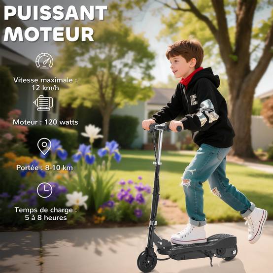 Trottinette électrique pliante pour enfant de +7ans, 120W Vitesse max 12km/h, 74x36x82,5-92,5 cm Noir - Image 6