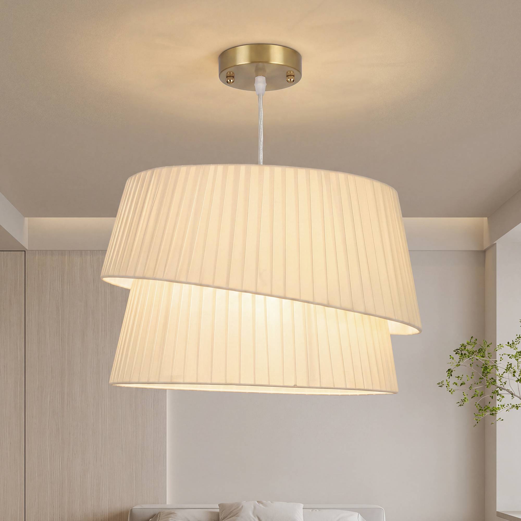 Sans Marque - Suspension Luminaire Élégante Double Abat-Jour Rosace Dorée Câble Réglable Ampoule Non Incluse E14 40 W Blanc - Image 3
