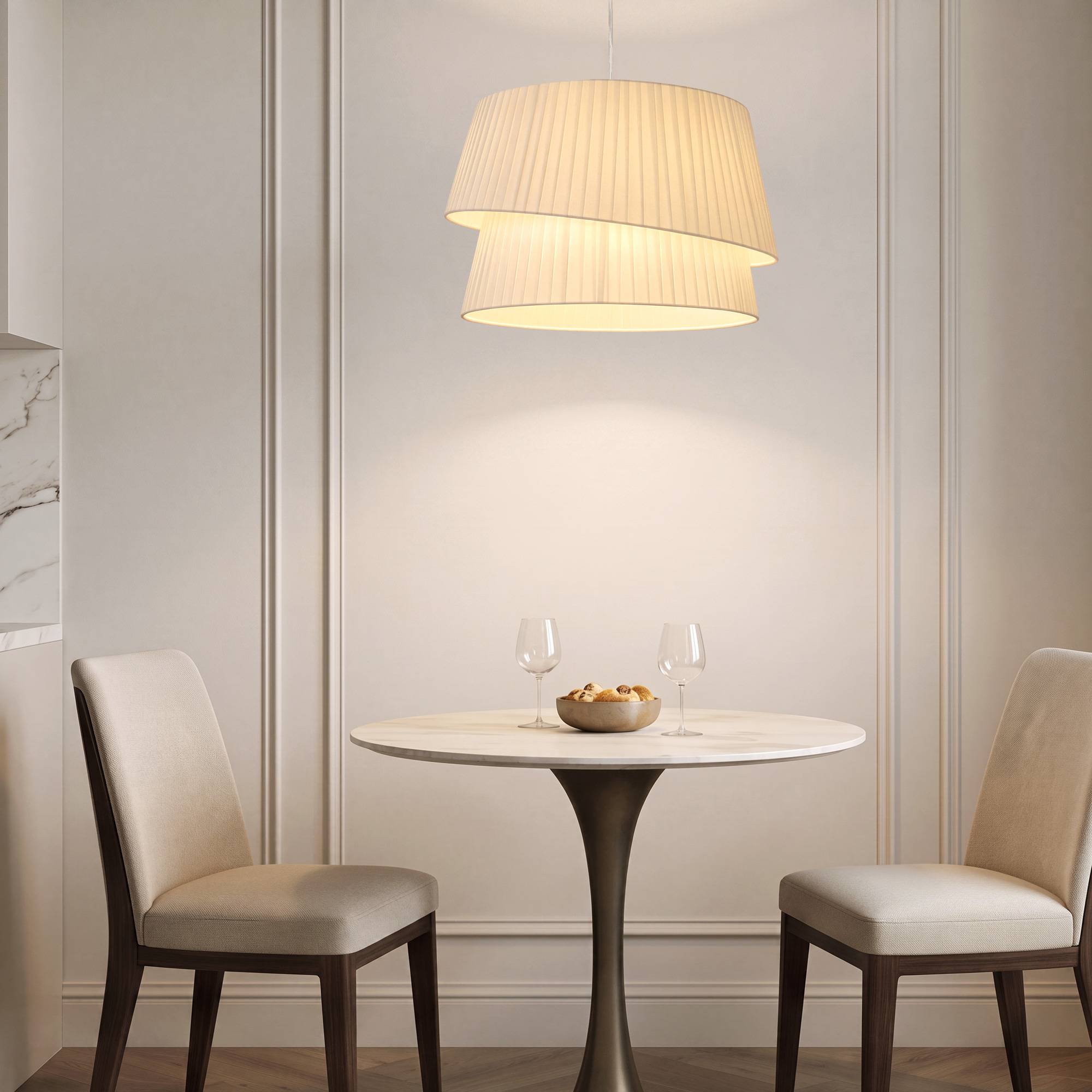 Sans Marque - Suspension Luminaire Élégante Double Abat-Jour Rosace Dorée Câble Réglable Ampoule Non Incluse E14 40 W Blanc - Image 4