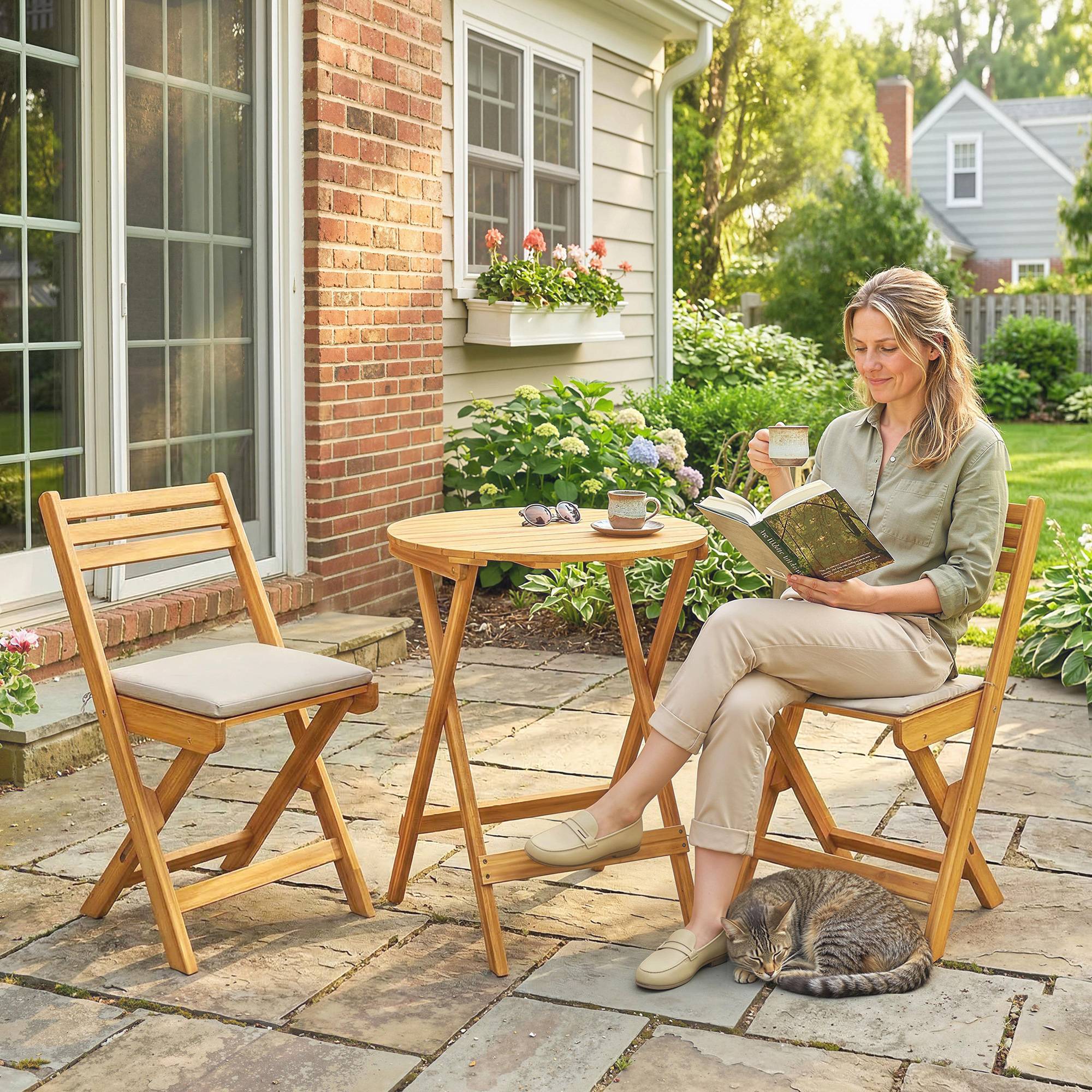 Sans Marque - Ensemble jardin 3 pièces acacia 2 chaises pliantes table ronde - Image 4