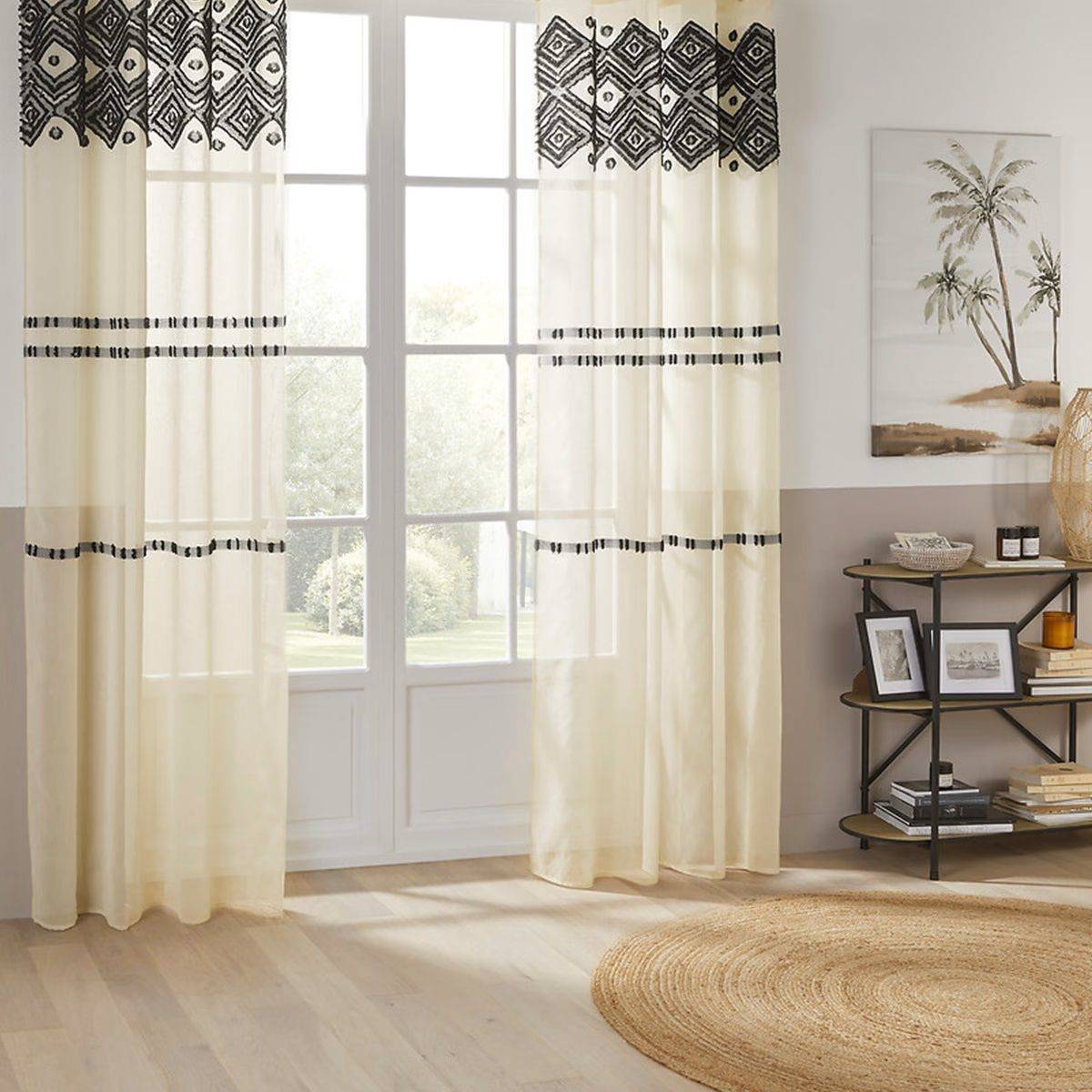 Voilage à œillets Beige Lin motif Noir 140 x 240 cm - Imagen 2