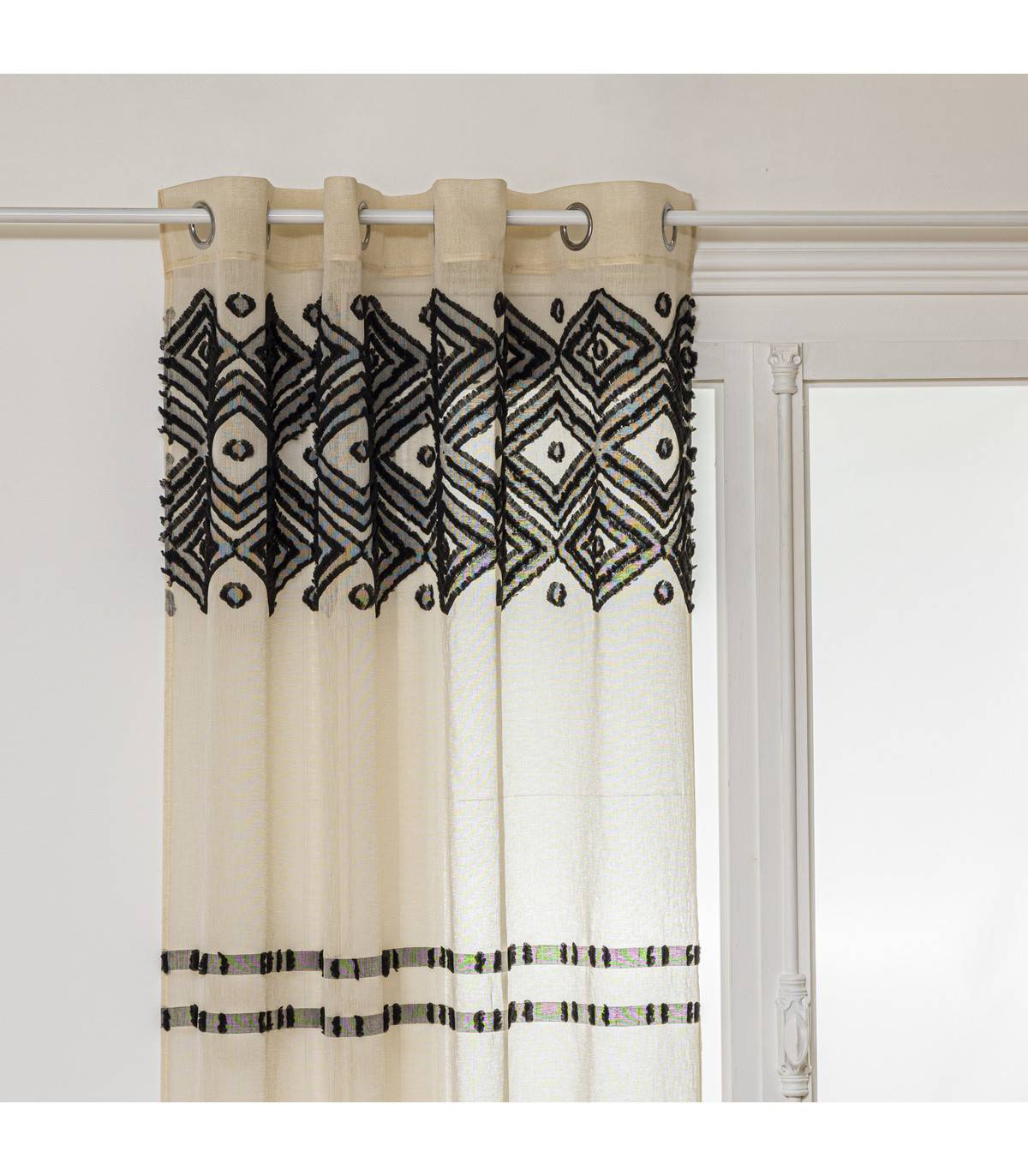 Voilage à œillets Beige Lin motif Noir 140 x 240 cm - Imagen 1
