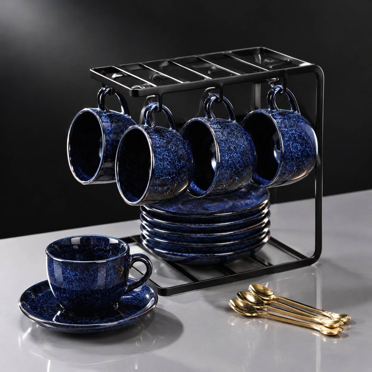 Set de 6 Tasses à Café en Céramique avec Sous-tasses Cuillères et Support Métal - Image 3