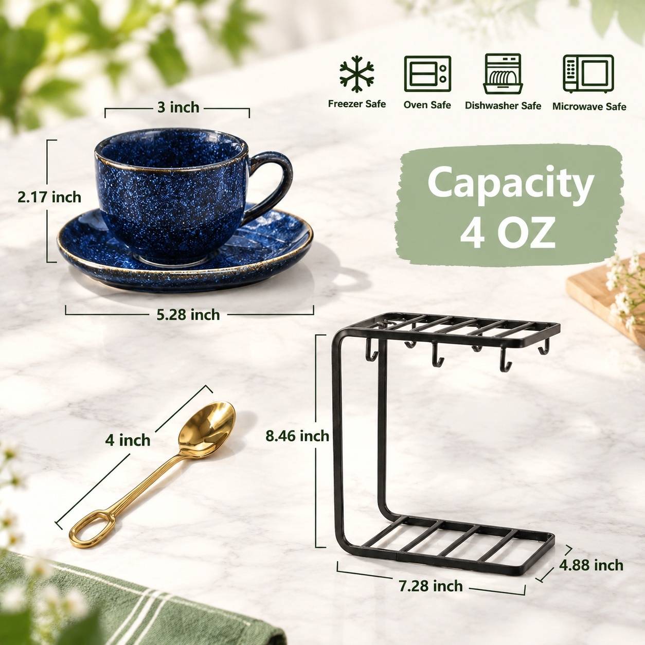 Set de 6 Tasses à Café en Céramique avec Sous-tasses Cuillères et Support Métal - Image 4