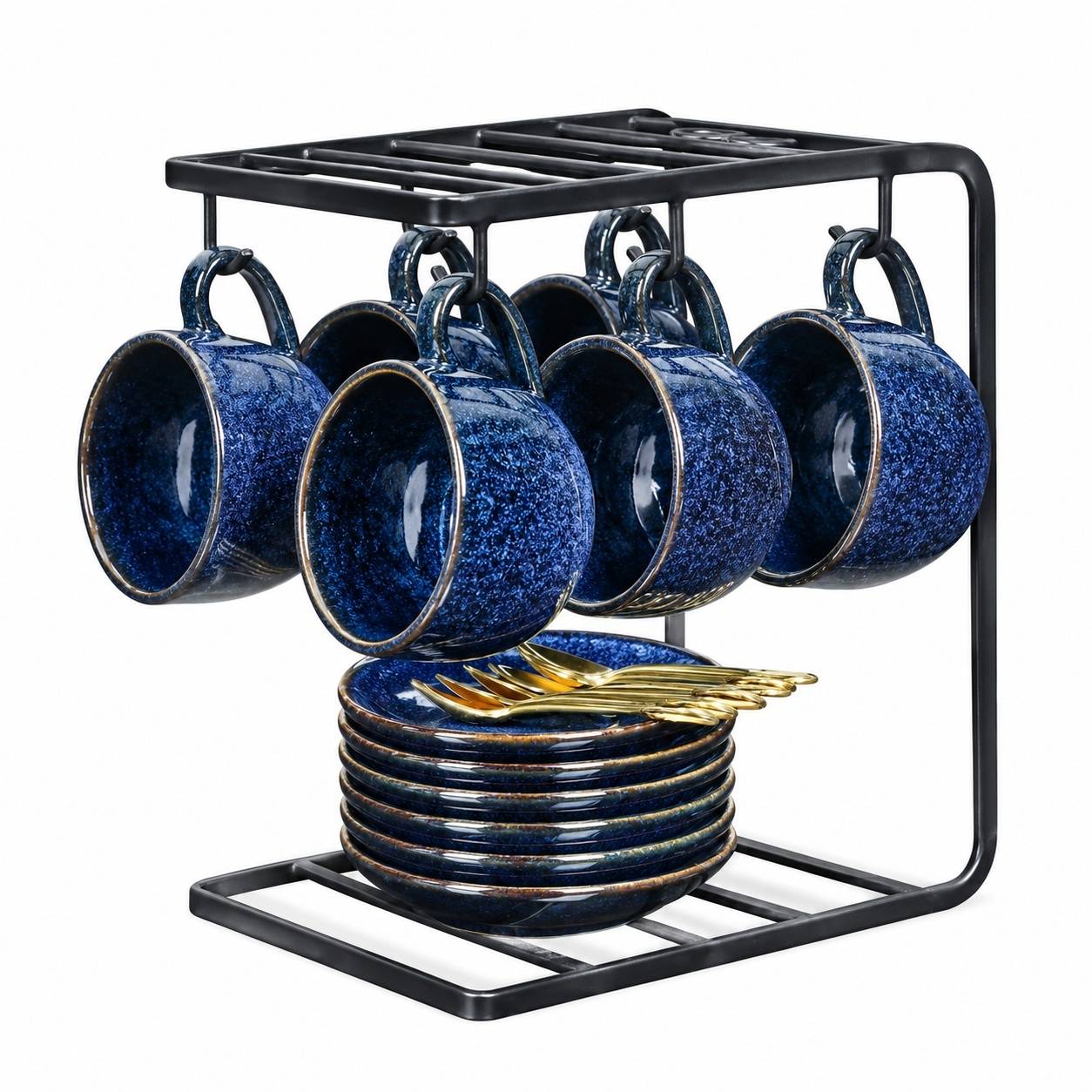 Set de 6 Tasses à Café en Céramique avec Sous-tasses Cuillères et Support Métal - Image 1
