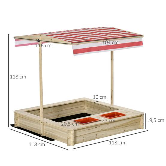 Bac à Sable Bois carré dim. 1,18L x 1,18l x 1,18H m - Hauteur, Inclinaison Toit réglables, refermable - 2 bacs - Bois Sapin Autoclave - Image 5