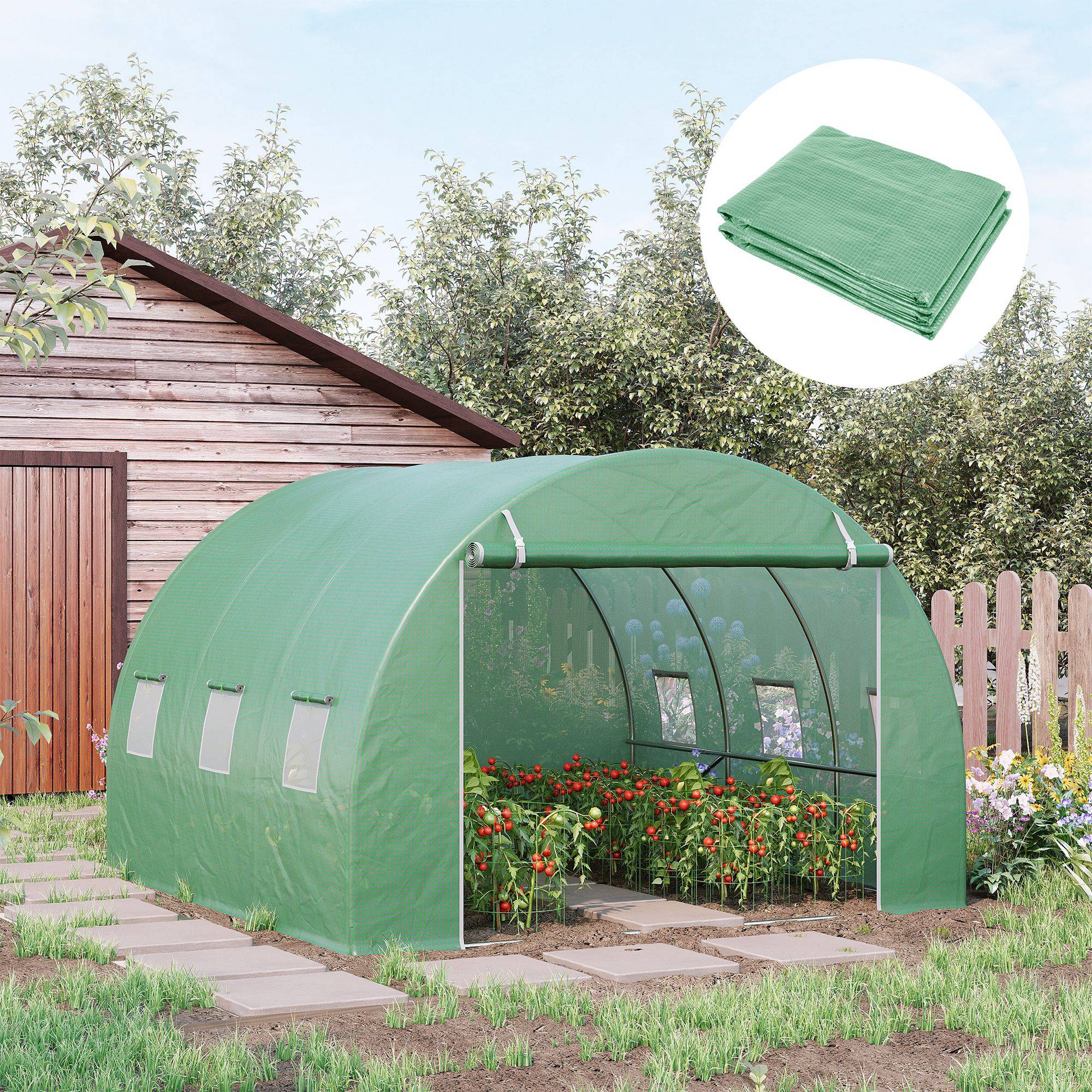 Bâche Rechange Serre Tunnel 9m² PE Jardin Anti-UV 6 Fenêtres 300x300x200cm Vert - ComfortXL Outdoor Living - Image 1