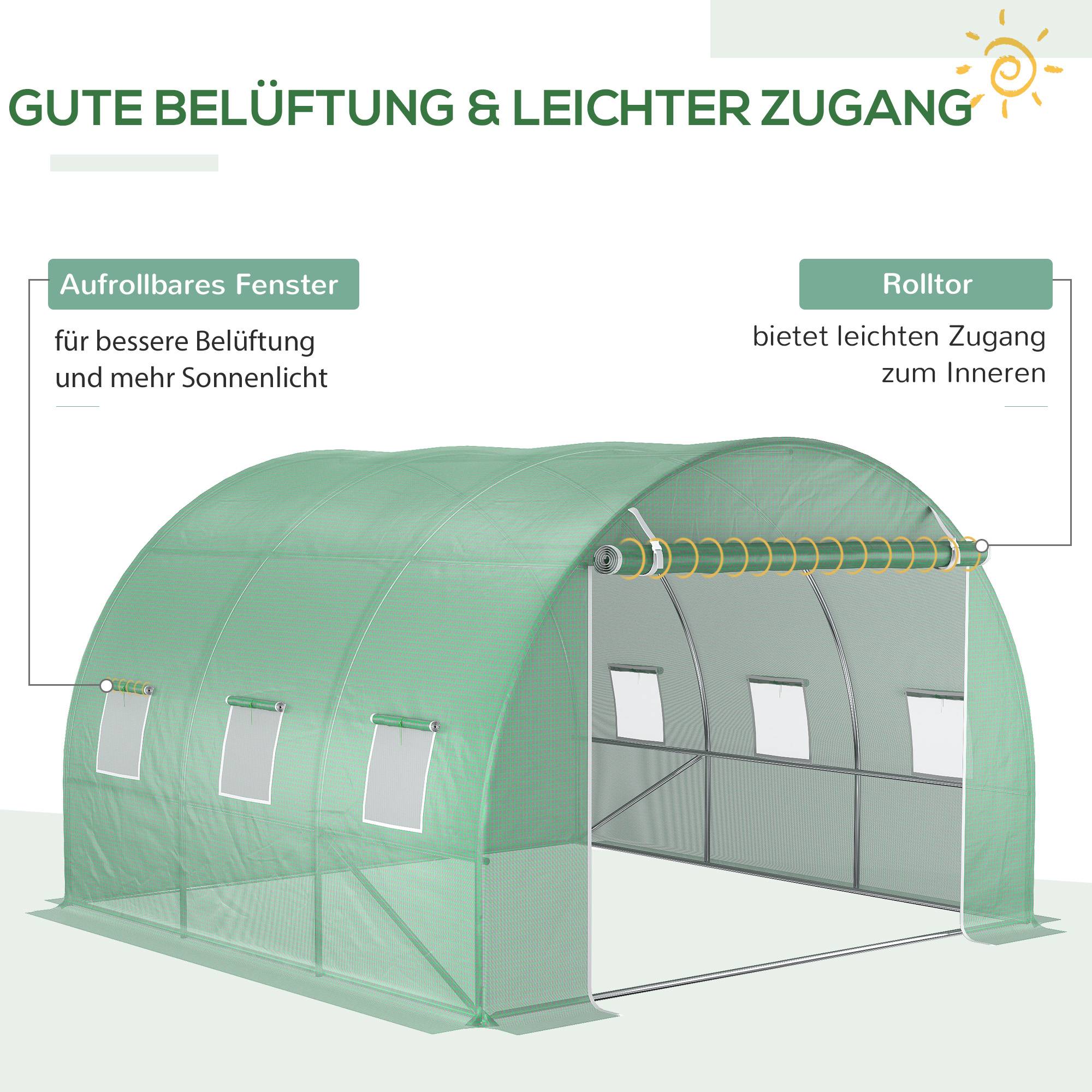 Bâche Rechange Serre Tunnel 9m² PE Jardin Anti-UV 6 Fenêtres 300x300x200cm Vert - ComfortXL Outdoor Living - Image 4
