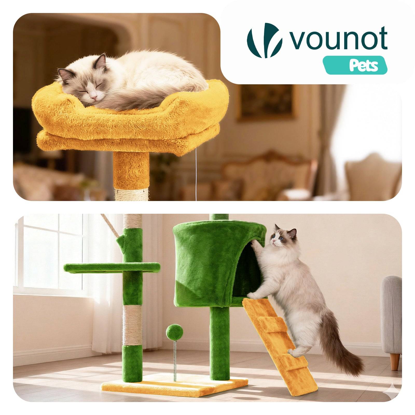 Vounot - Arbre à chat 112cm multi niveaux vert orange - avec griffoir, niche, jouet et plateforme - arbre à grimper - VOUNOT® - Image 6