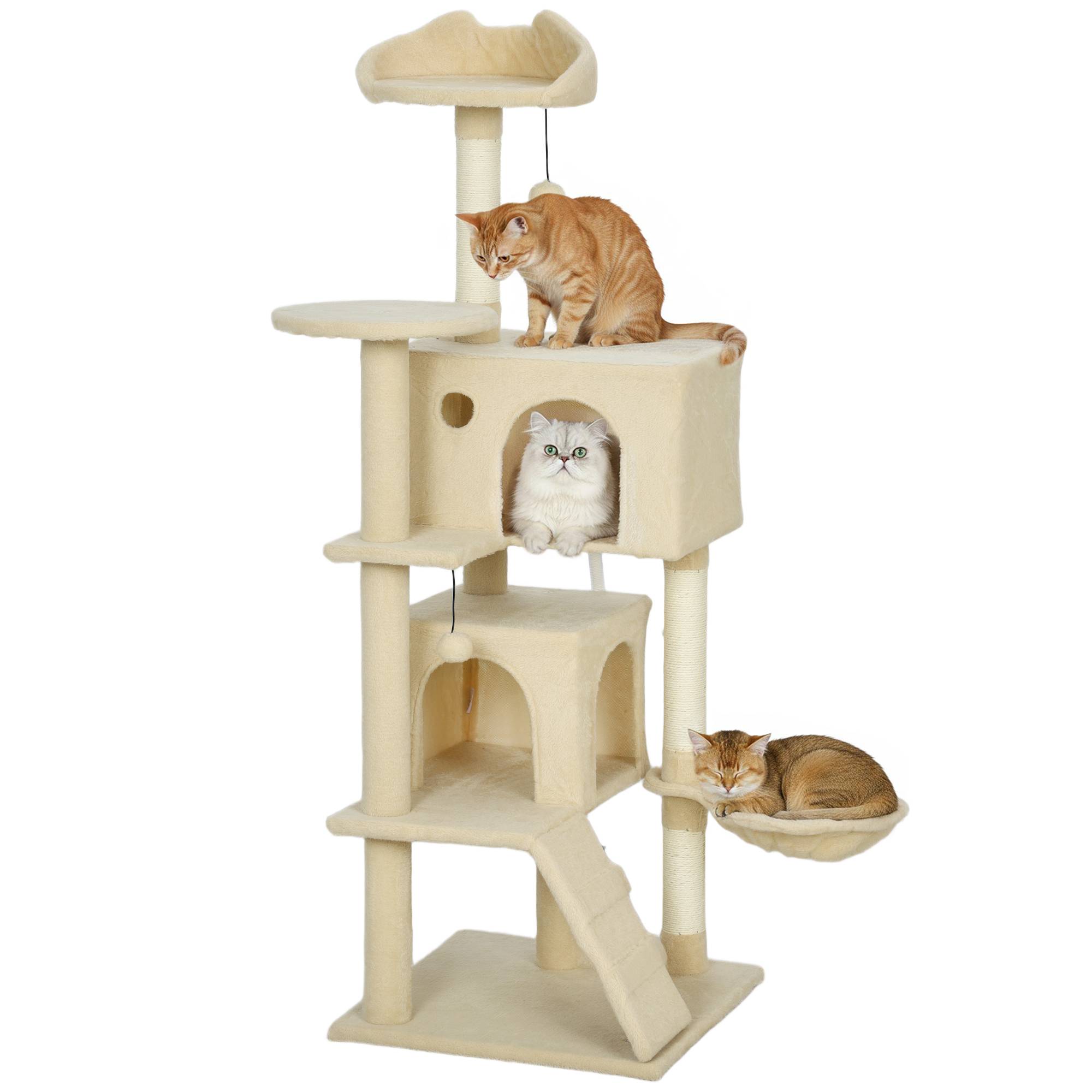 Arbre à Chat 140cm avec 2 Niches Douillettes Hamac et Échelle d'Accès Beige - ComfortXL Outdoor Living - Image 1
