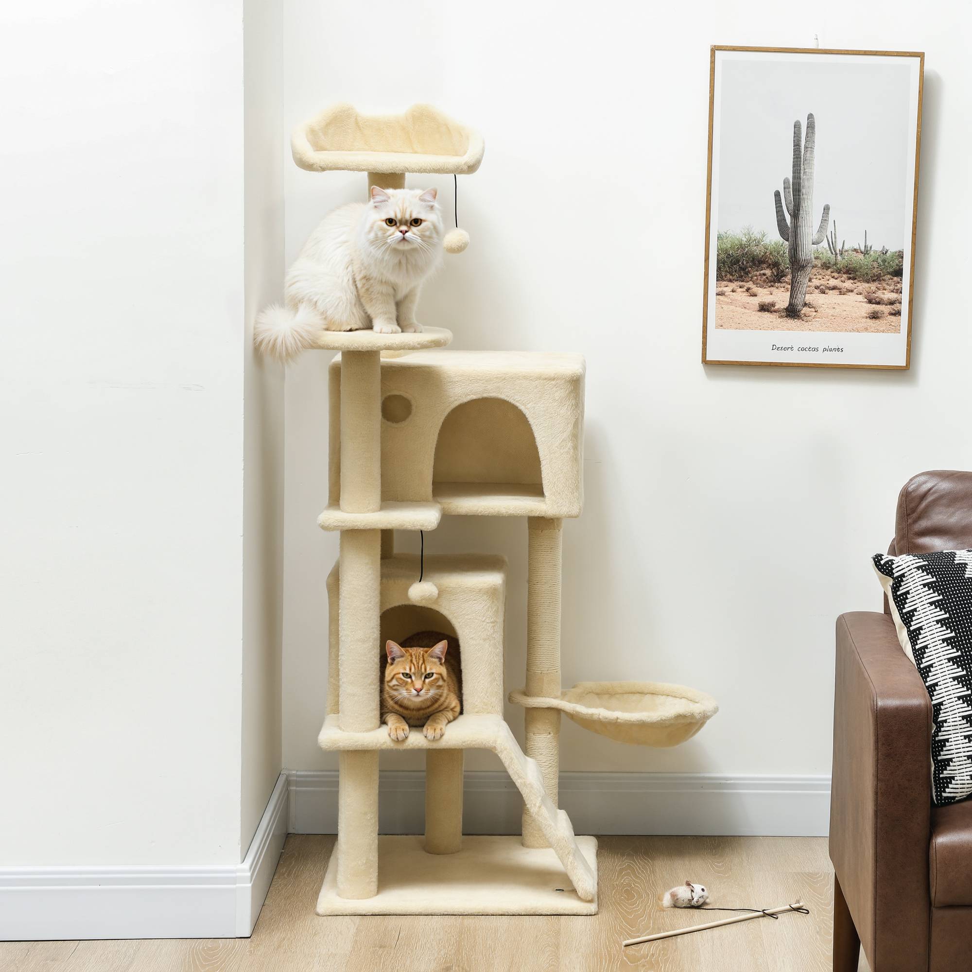 Arbre à Chat 140cm avec 2 Niches Douillettes Hamac et Échelle d'Accès Beige - ComfortXL Outdoor Living - Image 4