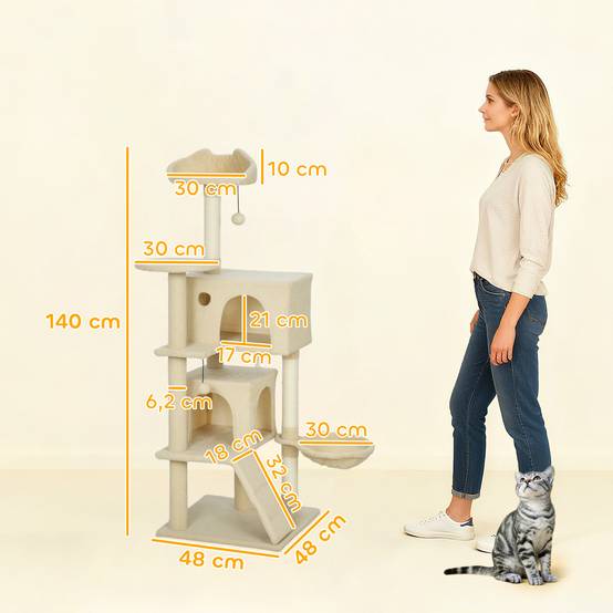 Arbre à Chat 140cm avec 2 Niches Douillettes Hamac et Échelle d'Accès Beige - ComfortXL Outdoor Living - Image 5