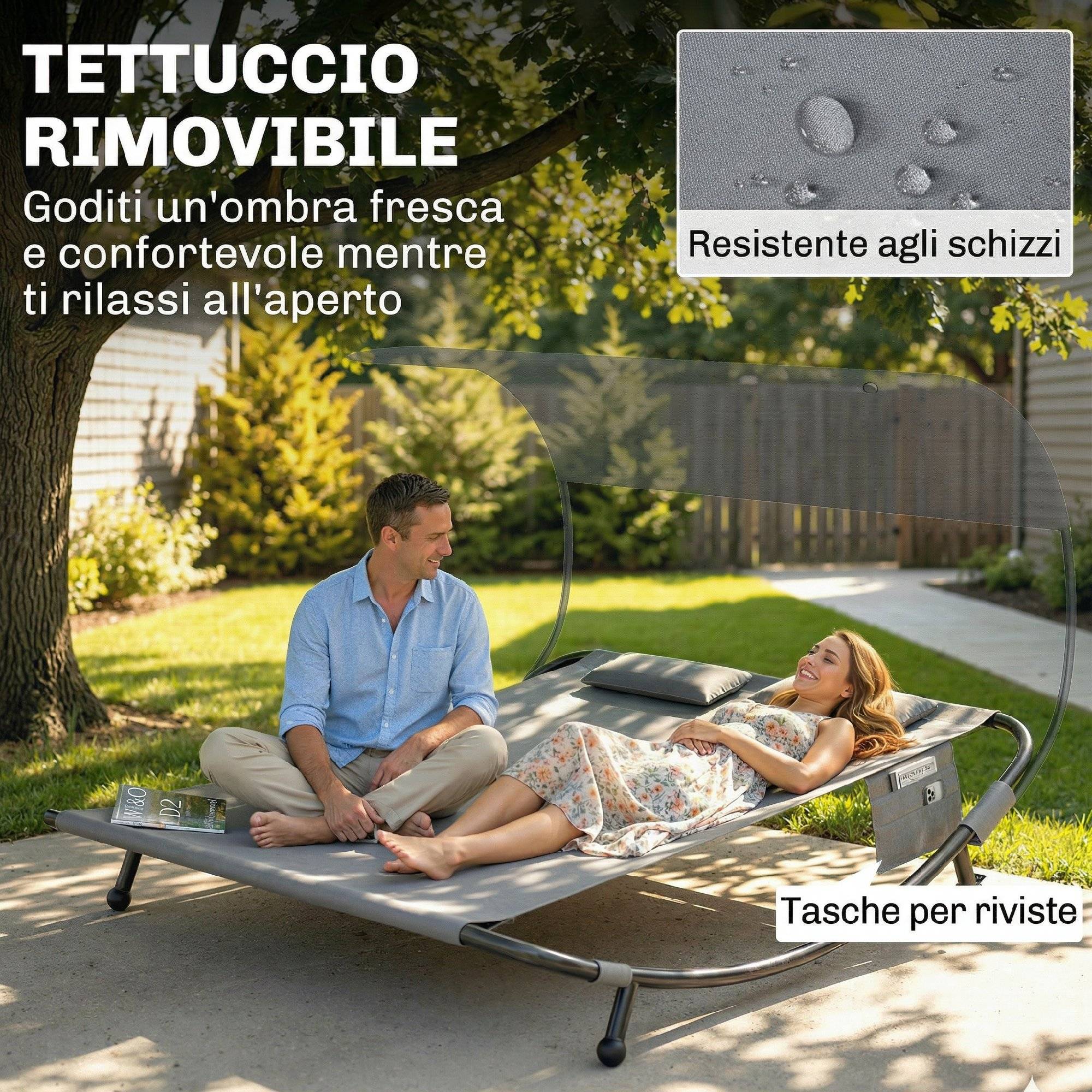Lit de bronzage double avec baldaquin amovible, roues, coussins et poches, 180x200x170 cm, gris - Image 8