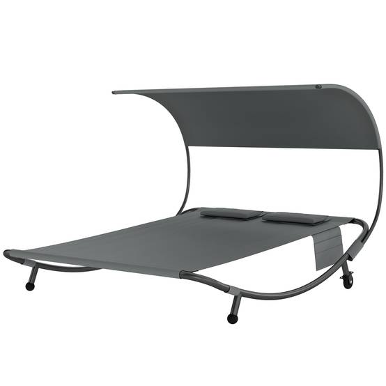 Lit de bronzage double avec baldaquin amovible, roues, coussins et poches, 180x200x170 cm, gris - Image 2