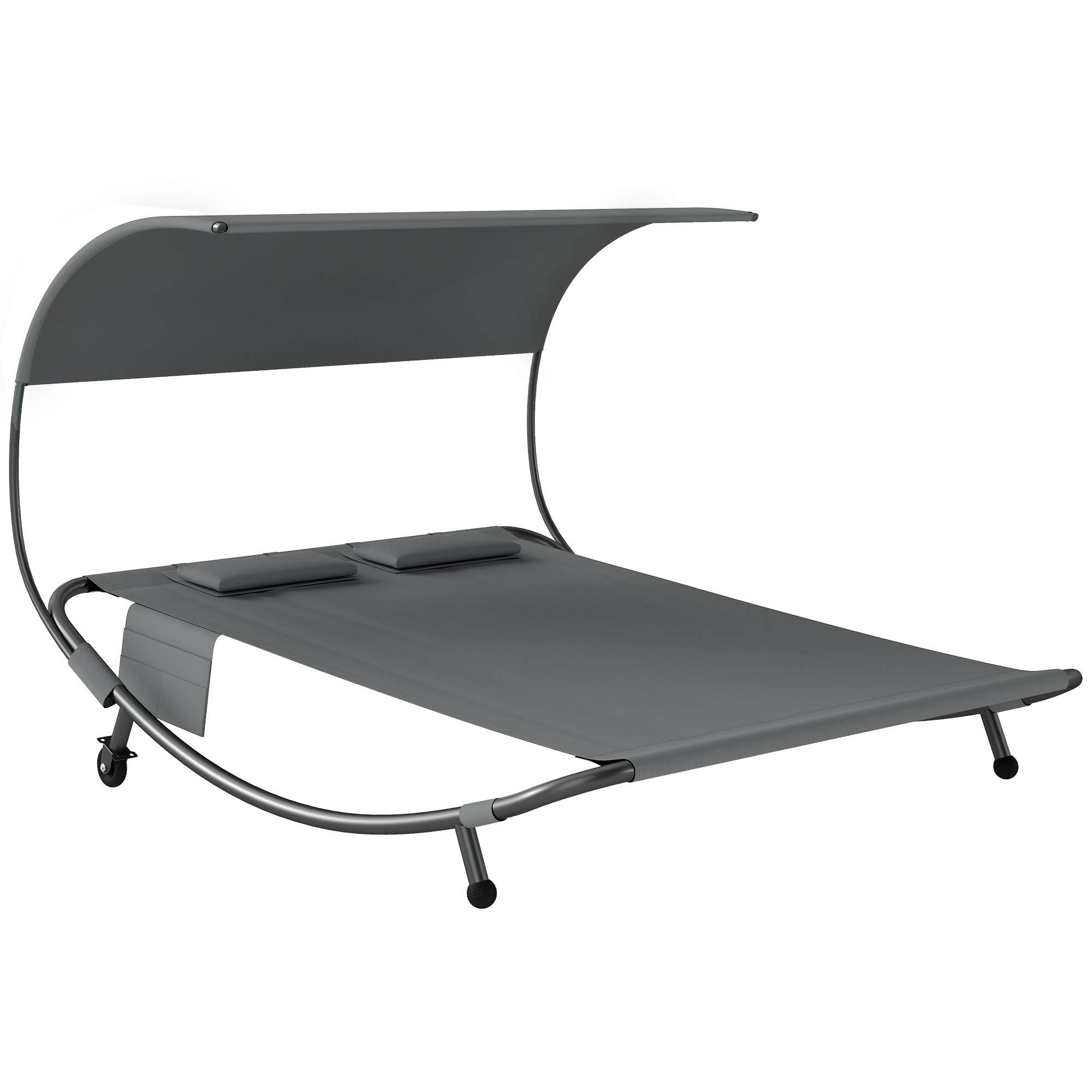 Lit de bronzage double avec baldaquin amovible, roues, coussins et poches, 180x200x170 cm, gris - Image 1