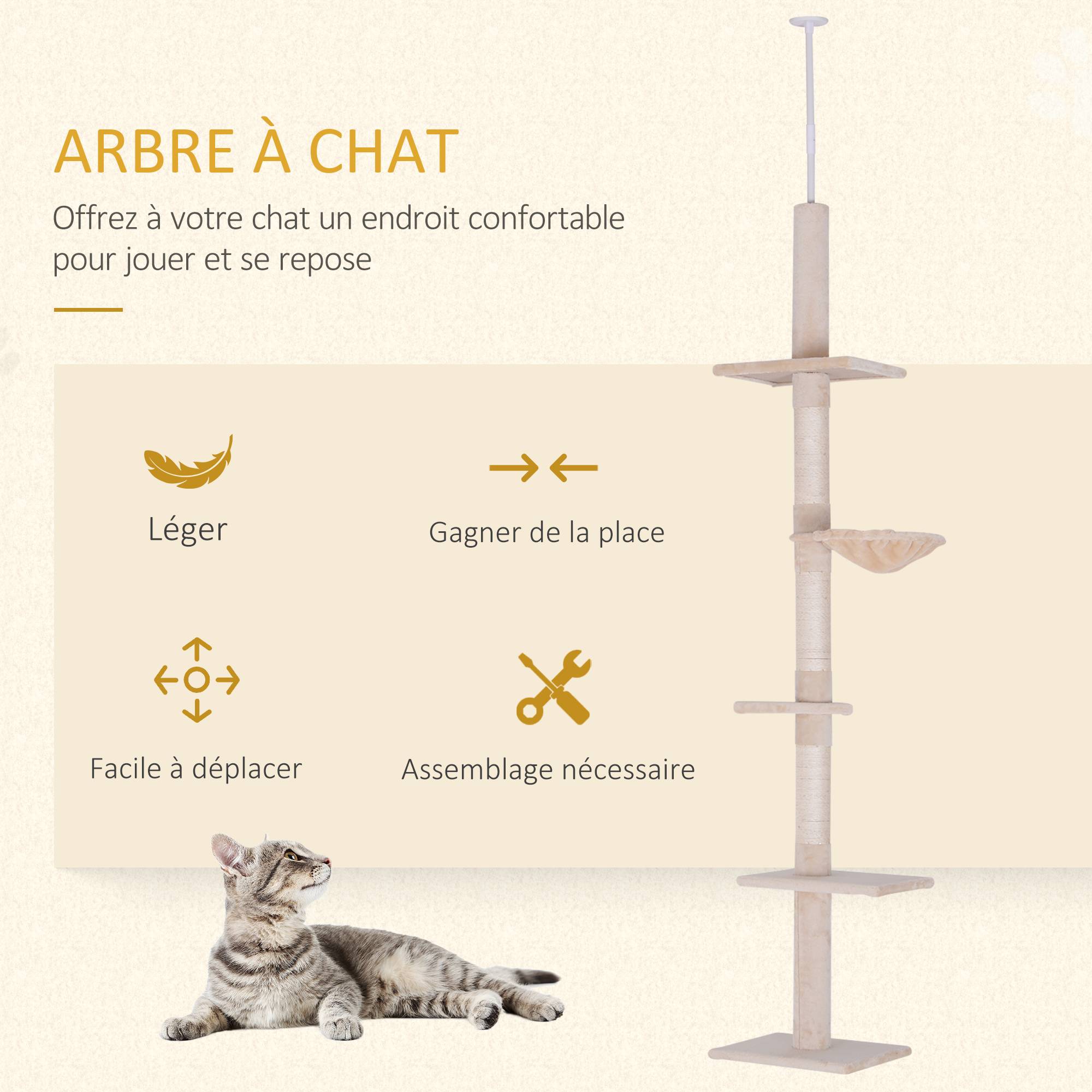 Arbre à grimper plafond particules pour chats 5 niveaux activités 260cm beige - ComfortXL Outdoor Living - Image 6