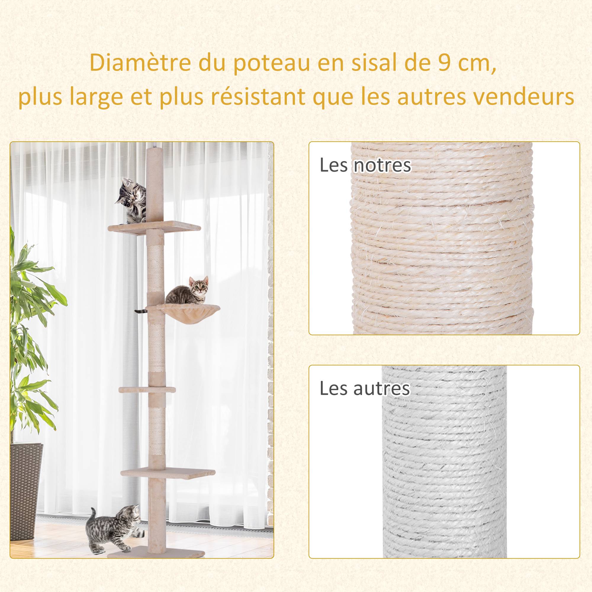 Arbre à grimper plafond particules pour chats 5 niveaux activités 260cm beige - ComfortXL Outdoor Living - Image 9