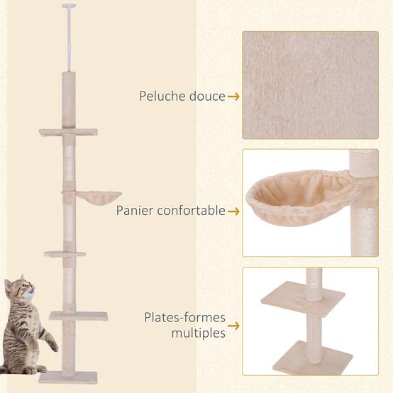 Arbre à grimper plafond particules pour chats 5 niveaux activités 260cm beige - ComfortXL Outdoor Living - Image 8