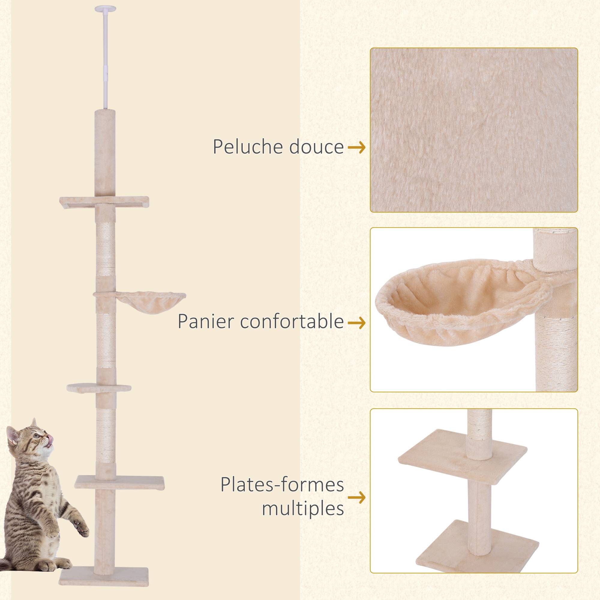 Arbre à grimper plafond particules pour chats 5 niveaux activités 260cm beige - ComfortXL Outdoor Living - Image 8