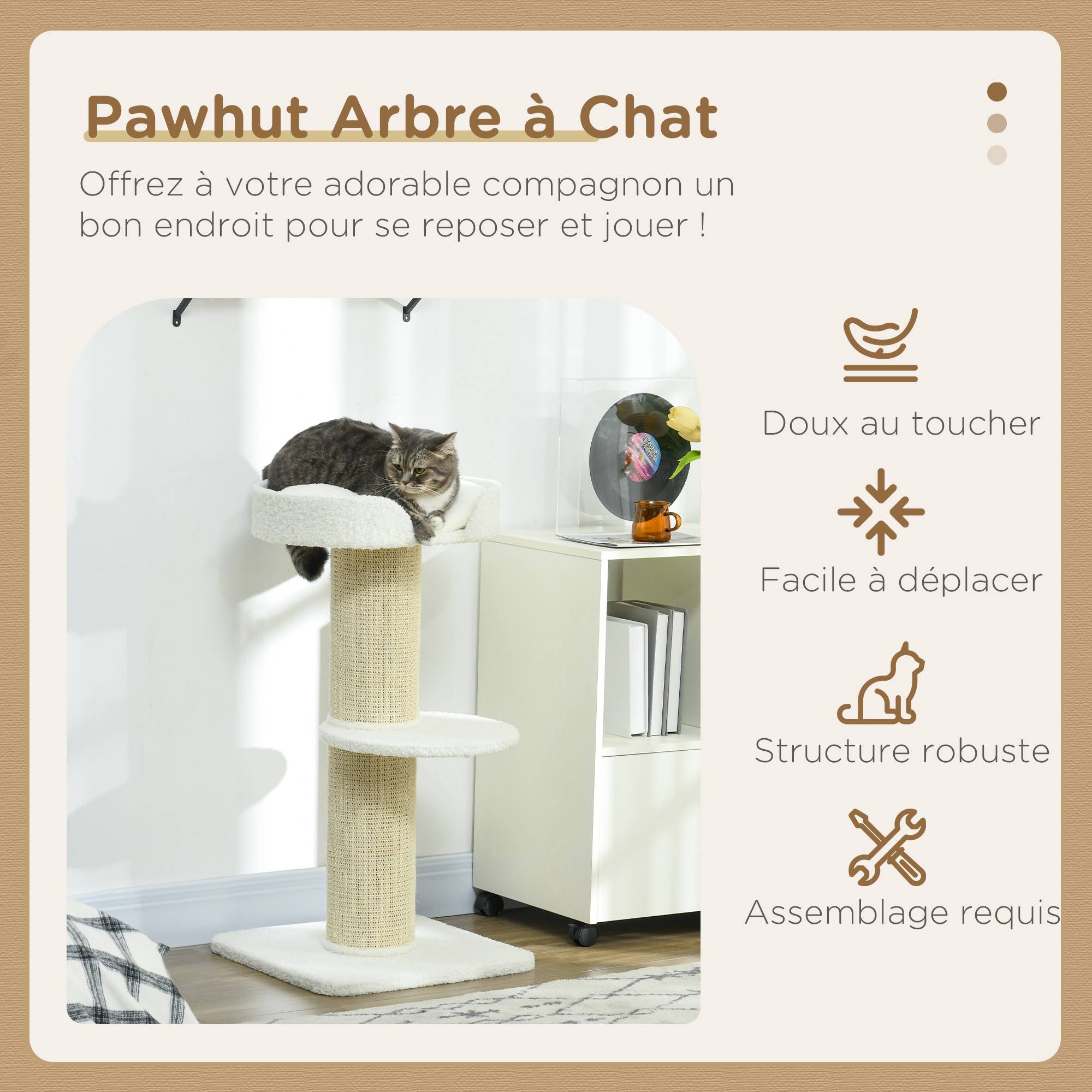 Arbre à chat panneaux de particules intérieur poteaux griffoirs épais 45x45x91cm crème - ComfortXL Outdoor Living - Image 6