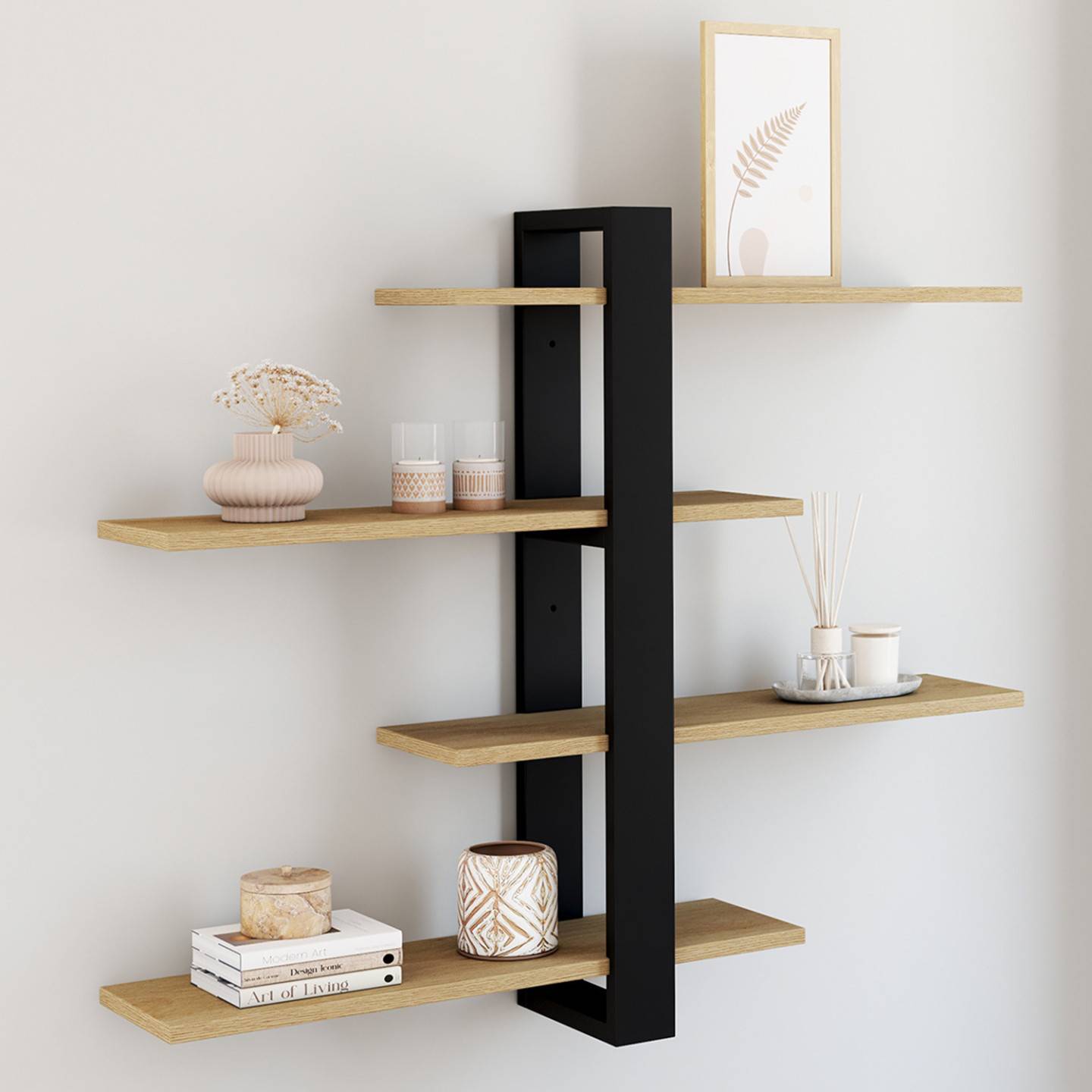 IDMARKET - Etagère murale avec étagères coulissantes ORA 4 niveaux façon hêtre et noir - Image 1