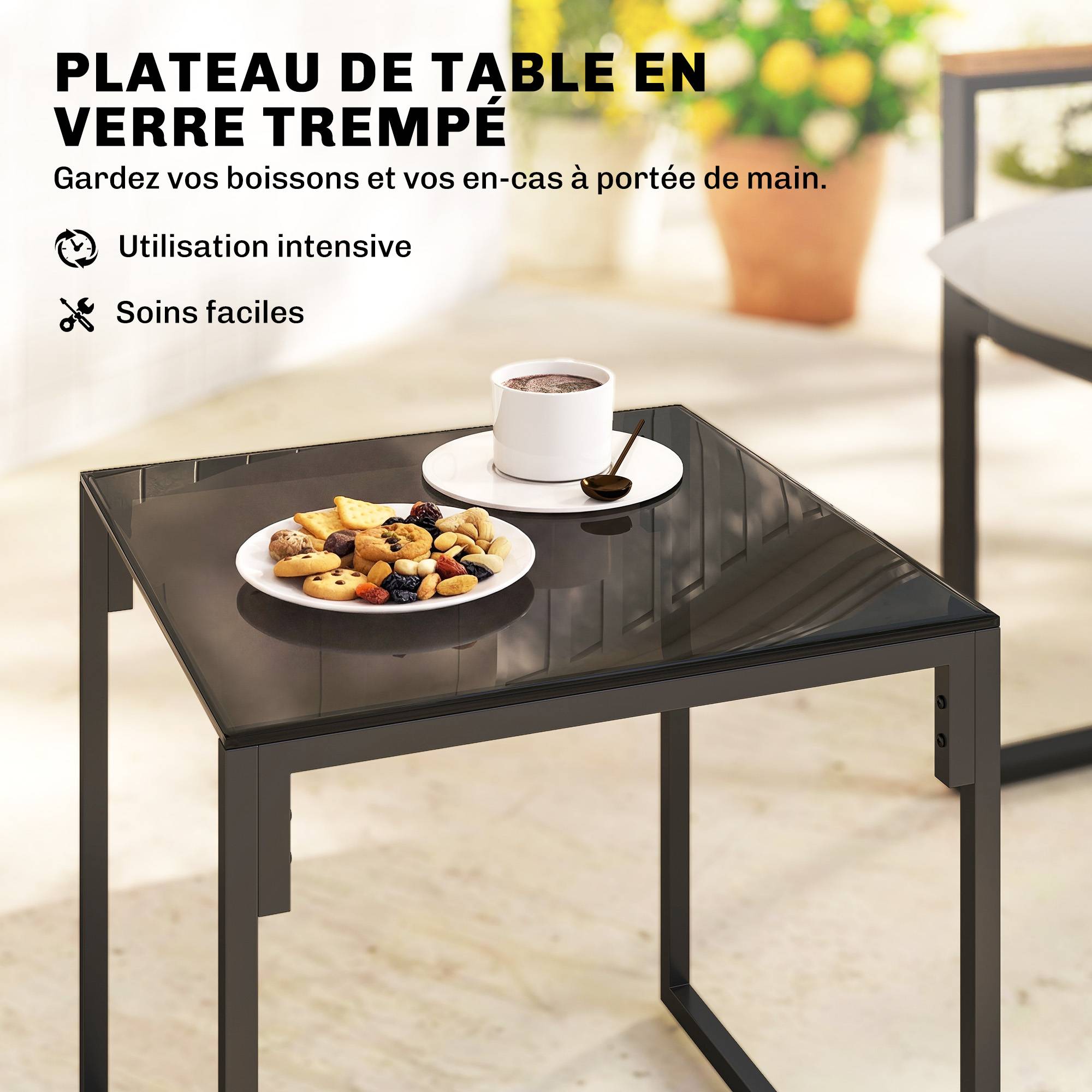 Salon de jardin 3 pièces 2 places avec 2 fauteuils 1 table basse, plateau en verre trempé et coussins, gris - Image 9