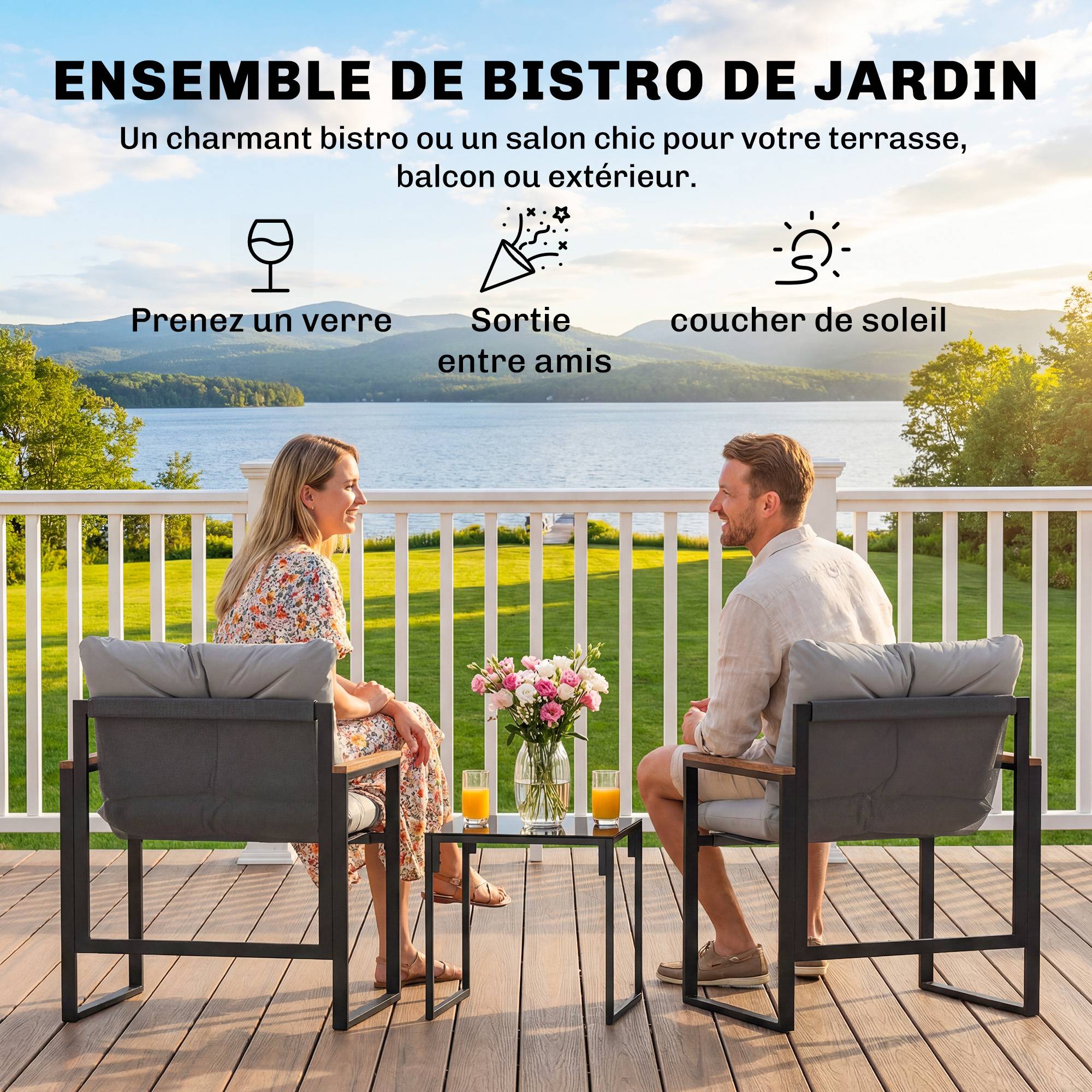 Salon de jardin 3 pièces 2 places avec 2 fauteuils 1 table basse, plateau en verre trempé et coussins, gris - Image 6