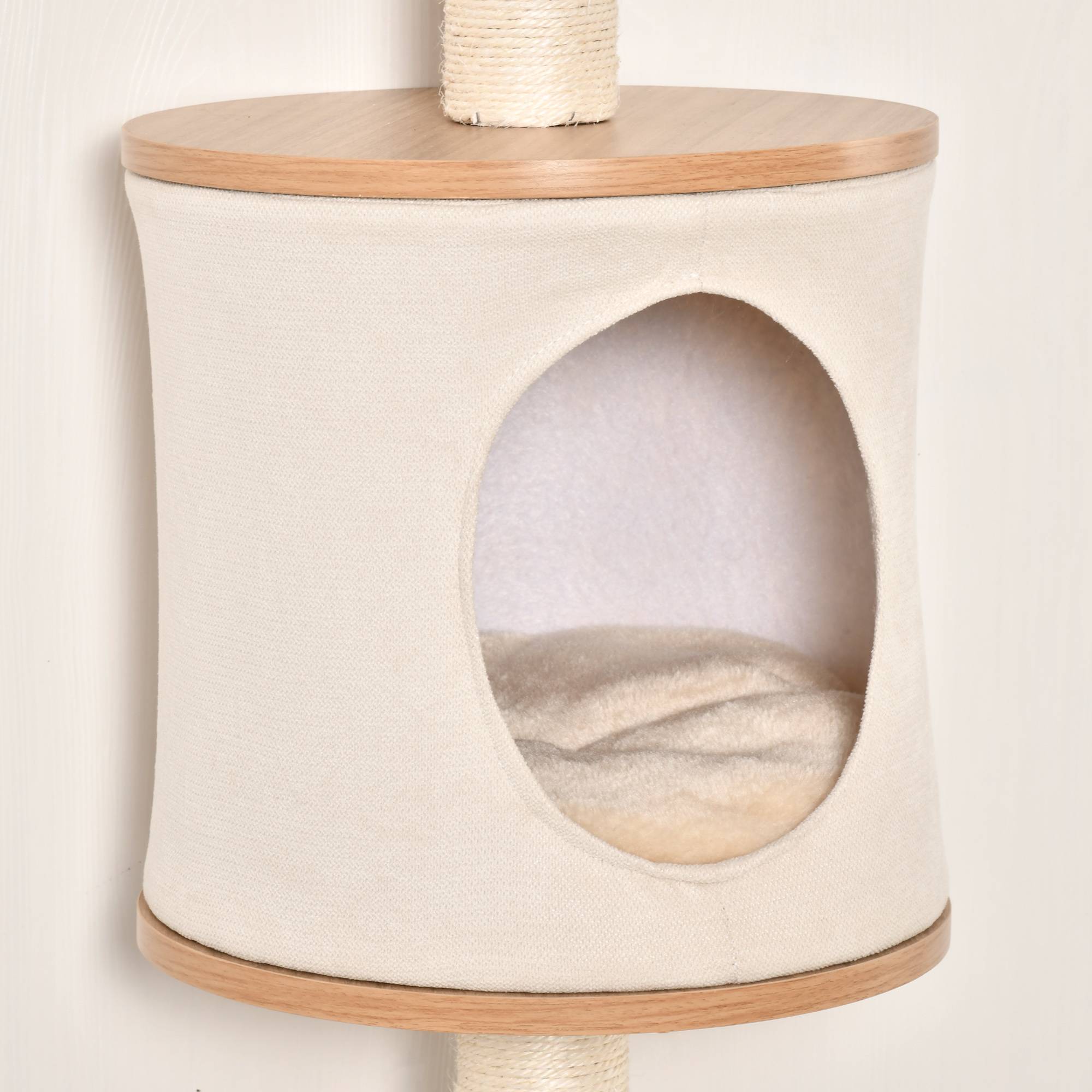 Arbre à Chat Mural avec Plateformes Grotte Couchage et Poteaux en Sisal 38x30x149cm Beige et Chêne - Image 10