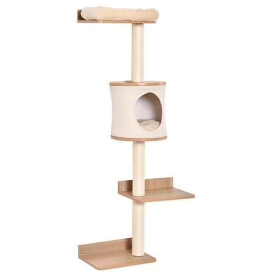 Arbre à Chat Mural avec Plateformes Grotte Couchage et Poteaux en Sisal 38x30x149cm Beige et Chêne - Image 2